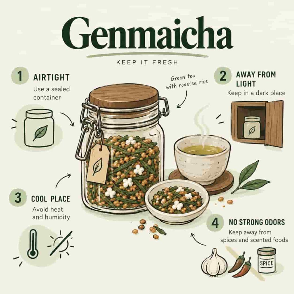 An infographic showing how to store genmaicha, with tips to keep it airtight, away from light, heat, humidity, and strong odors.