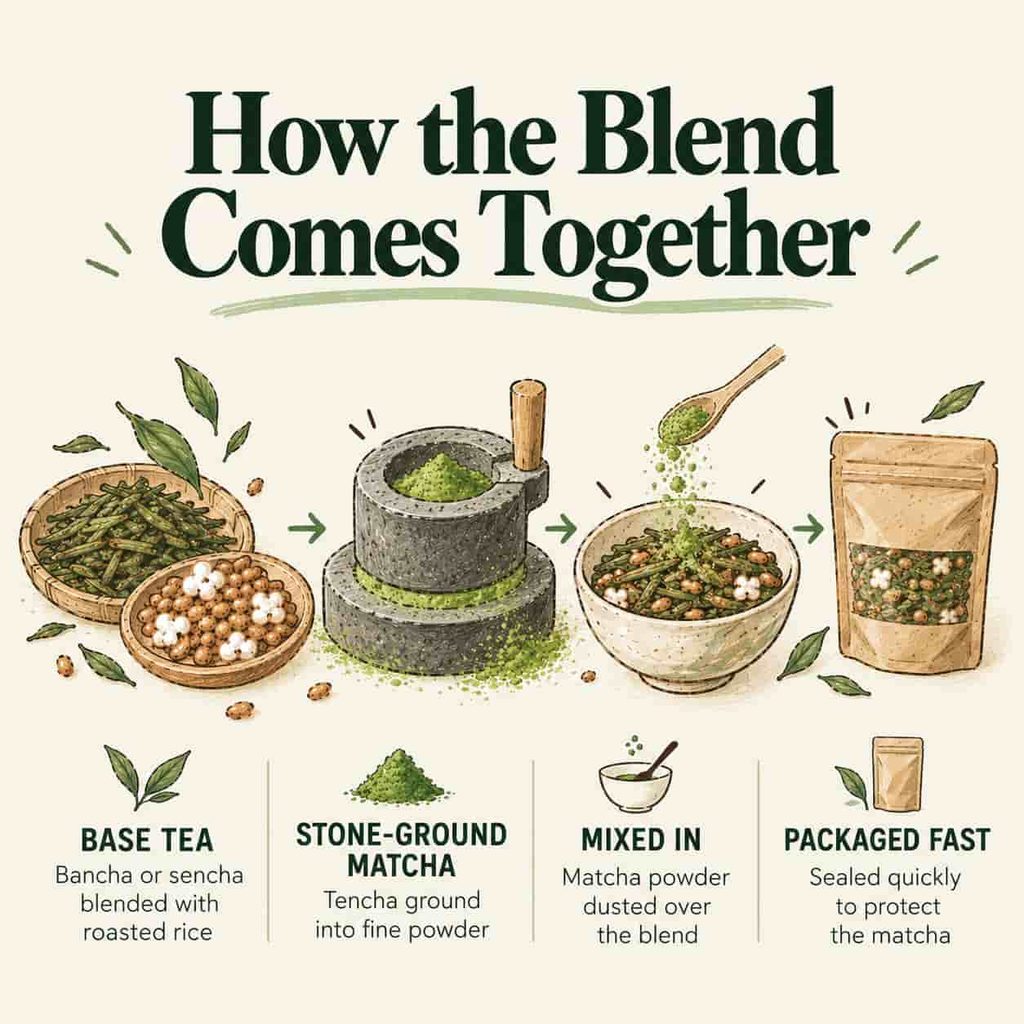 A four-stage diagram showing how matcha-iri genmaicha is made: base tea blended with roasted rice, tencha stone-ground into matcha, the matcha mixed into the genmaicha, and the finished blend packaged.