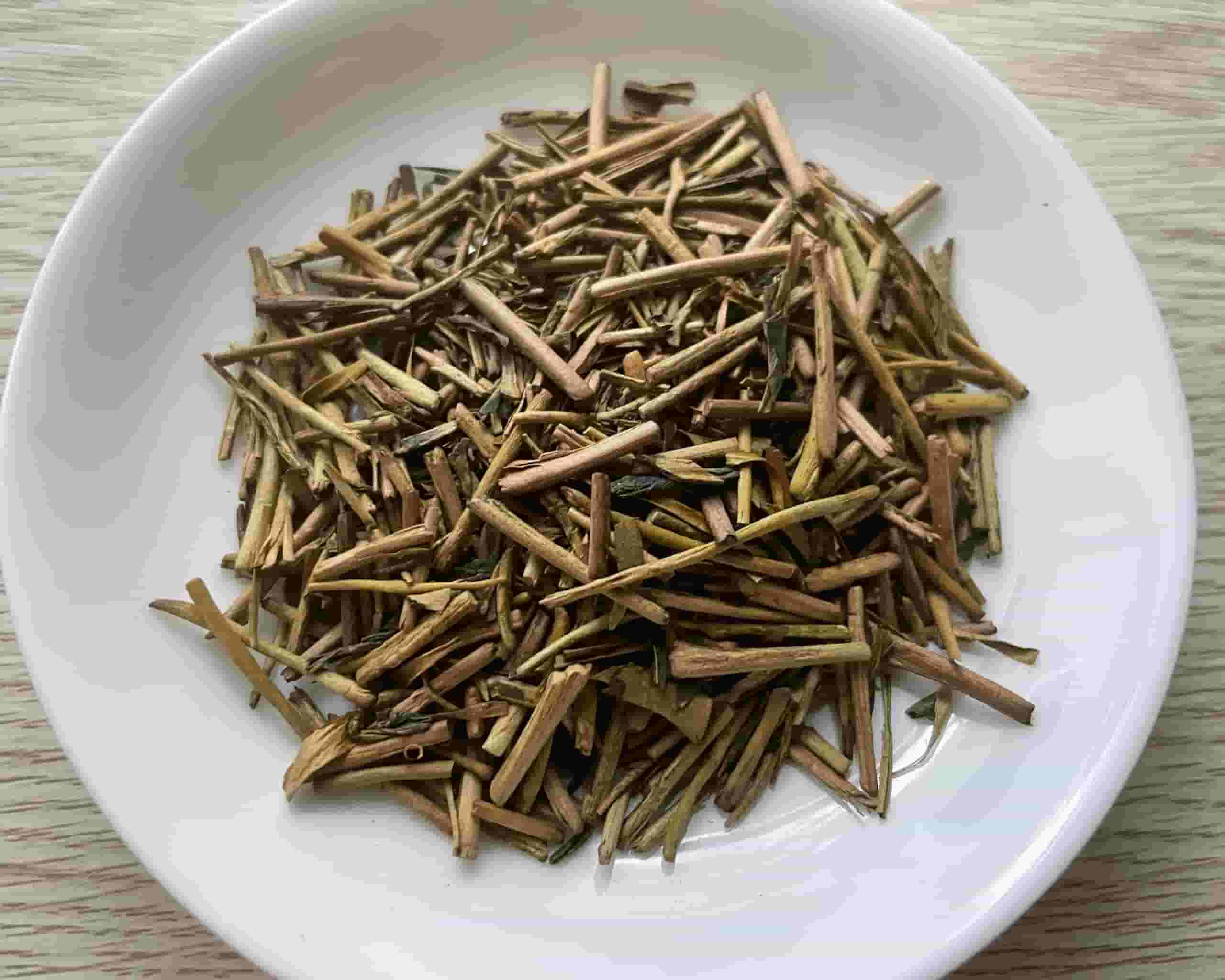 Kaga Bocha roasted tea stems on a white plate