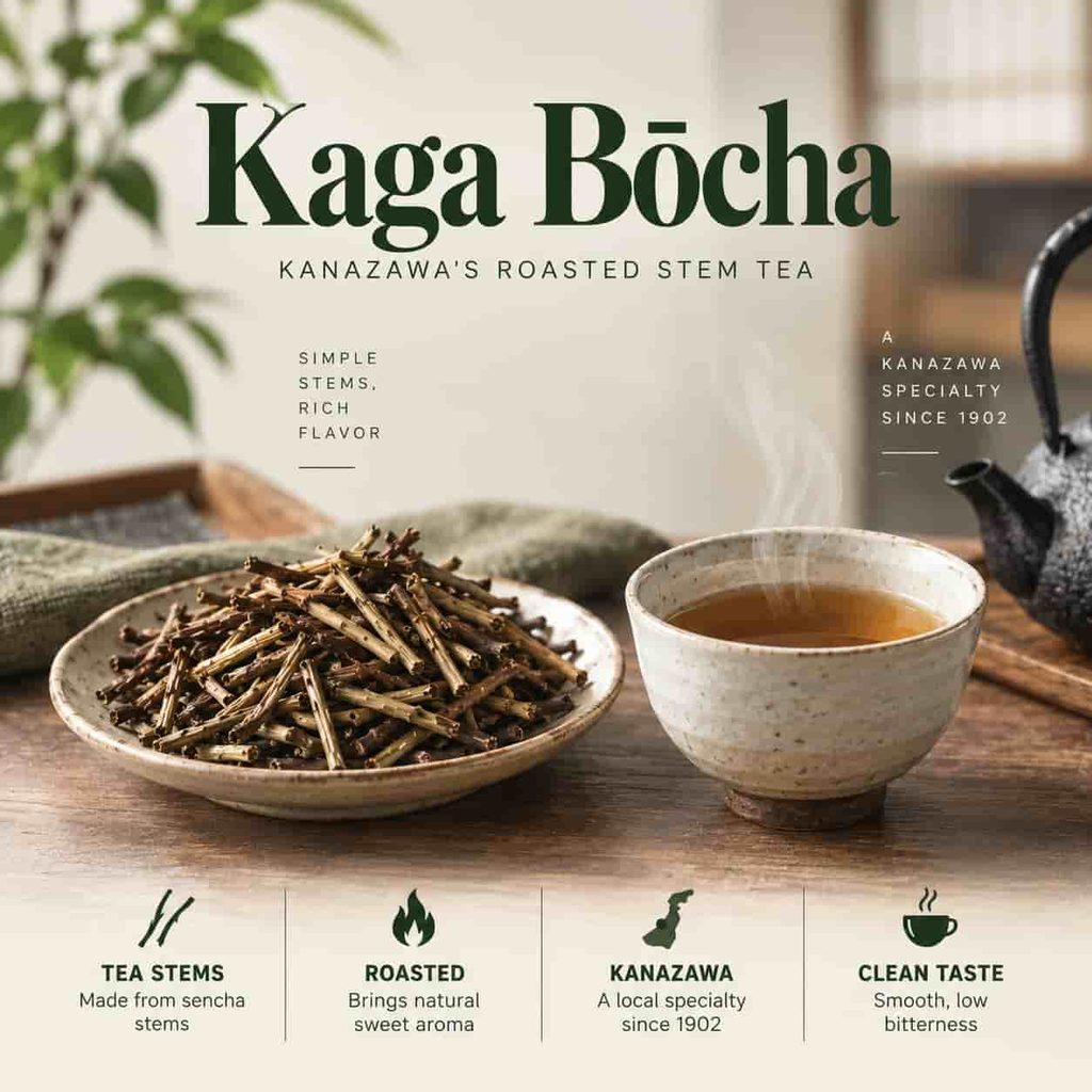A bowl of roasted sencha tea stems and a cup of golden-brown Kaga Bōcha, a roasted stem tea from Kanazawa, Japan.
