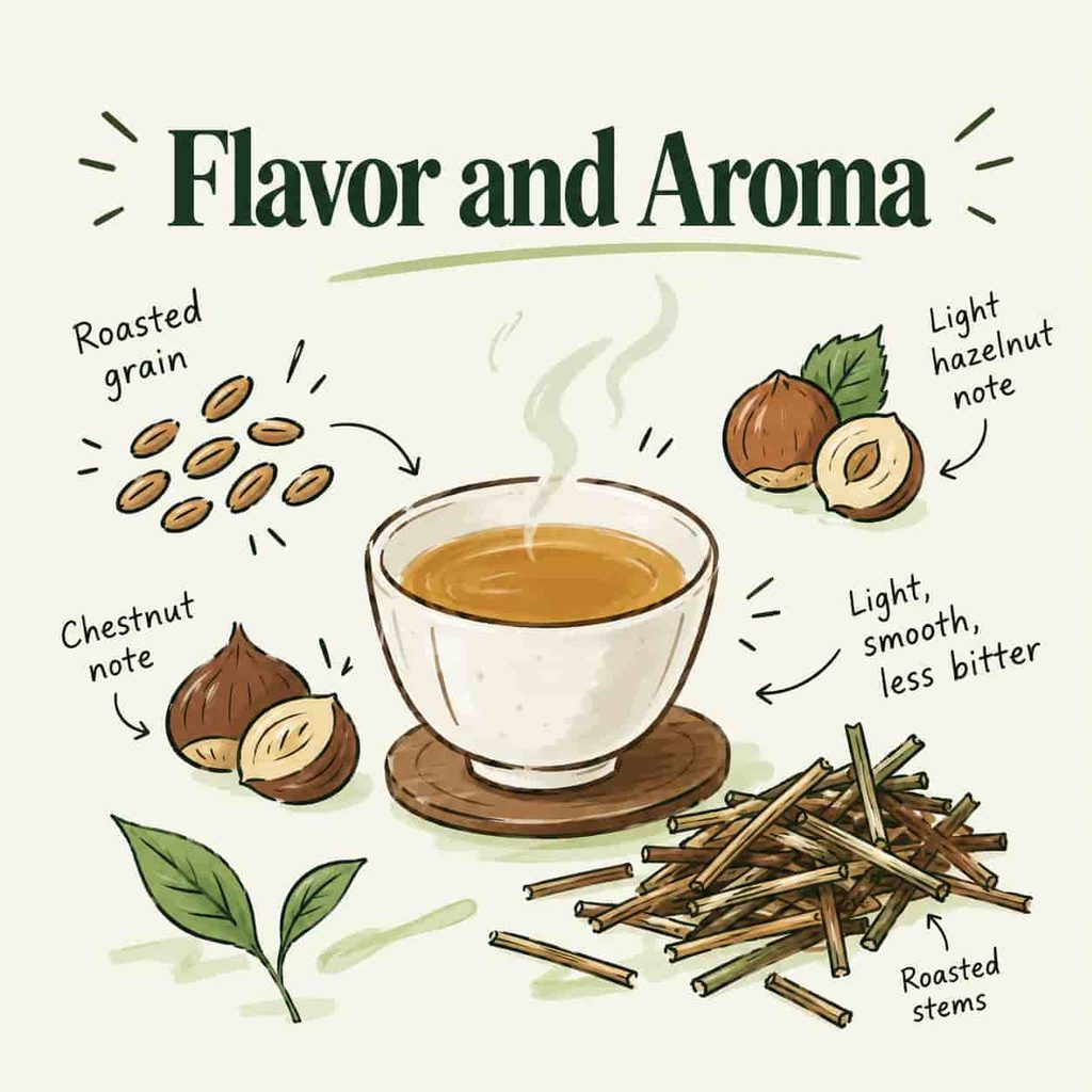 An illustrated infographic showing the flavor and aroma of karigane hojicha, with a cup of roasted tea, roasted stems, chestnuts, and roasted grains.