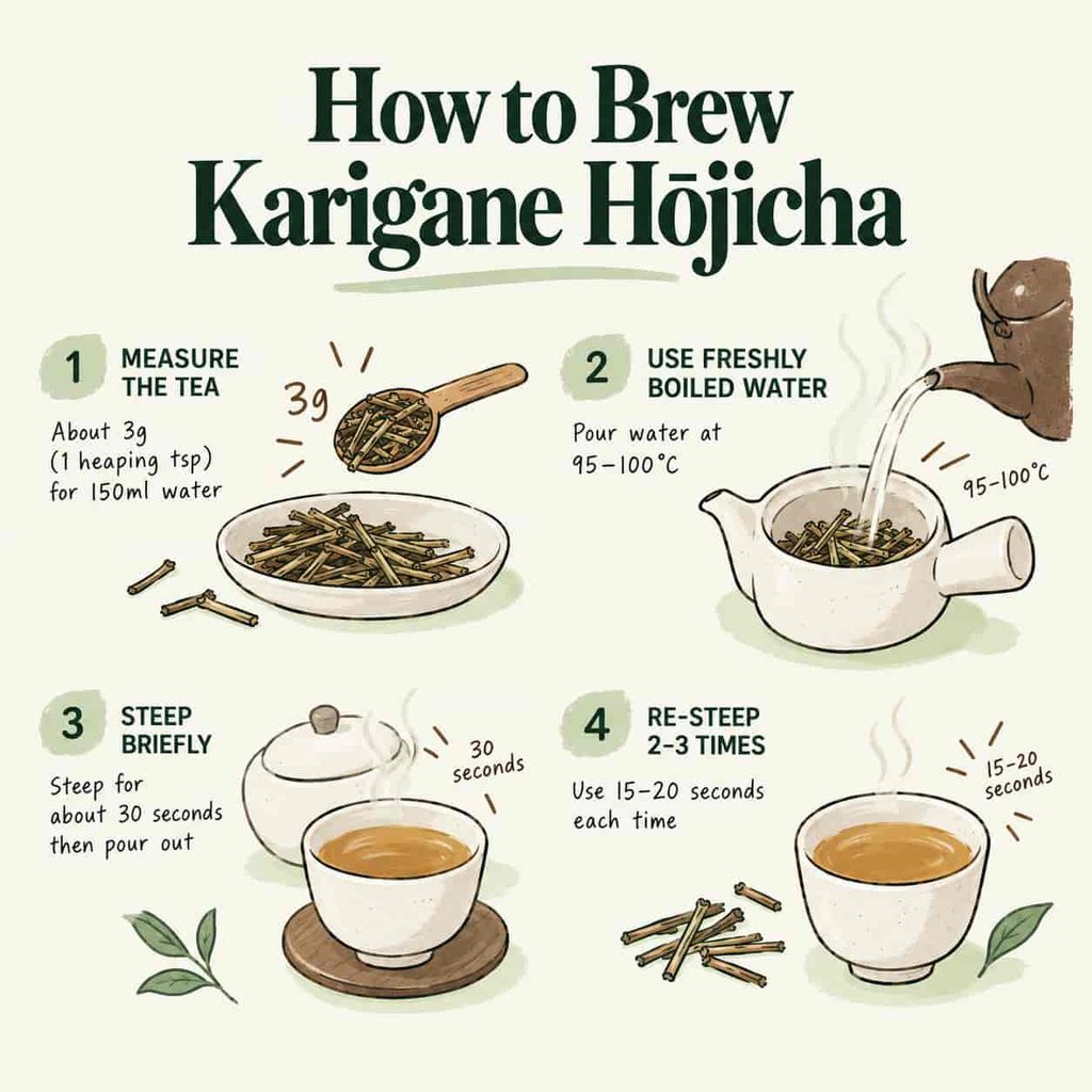 Step-by-step guide to brewing Karigane Hōjicha tea with illustrations.