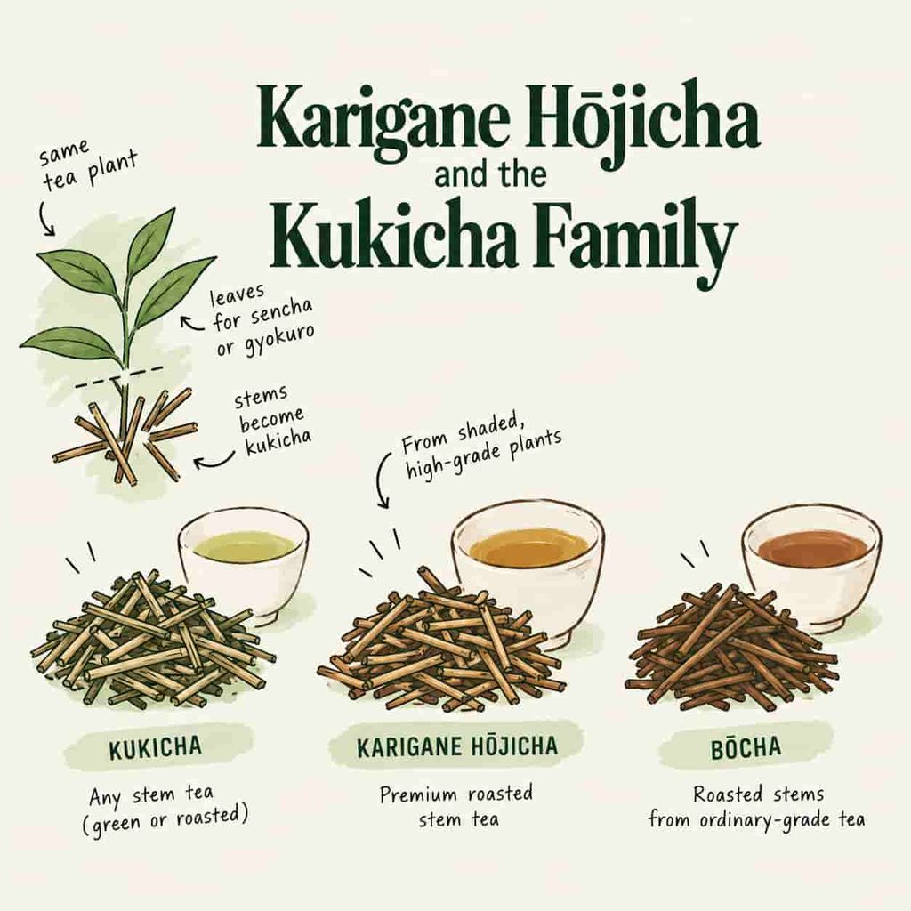 Diagram of Karigane Hōjicha and Kukicha tea leaves with descriptions.