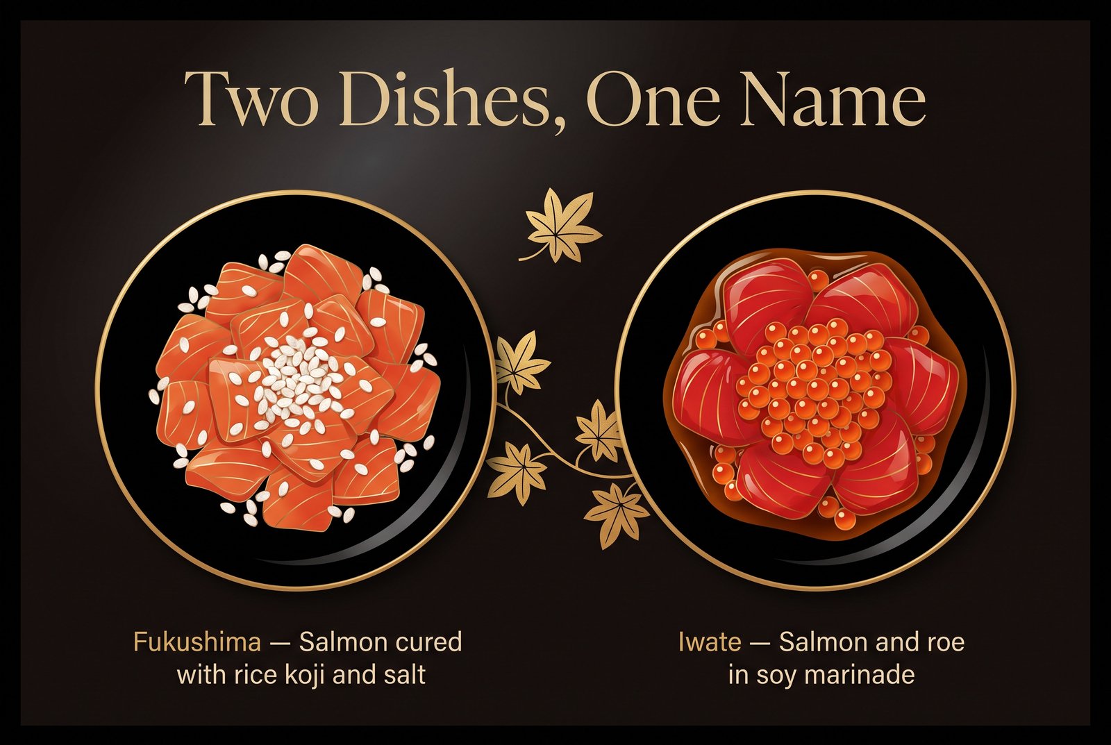 Fukushima koji-cured salmon and Iwate salmon with roe, two dishes sharing the name kōyō-zuke