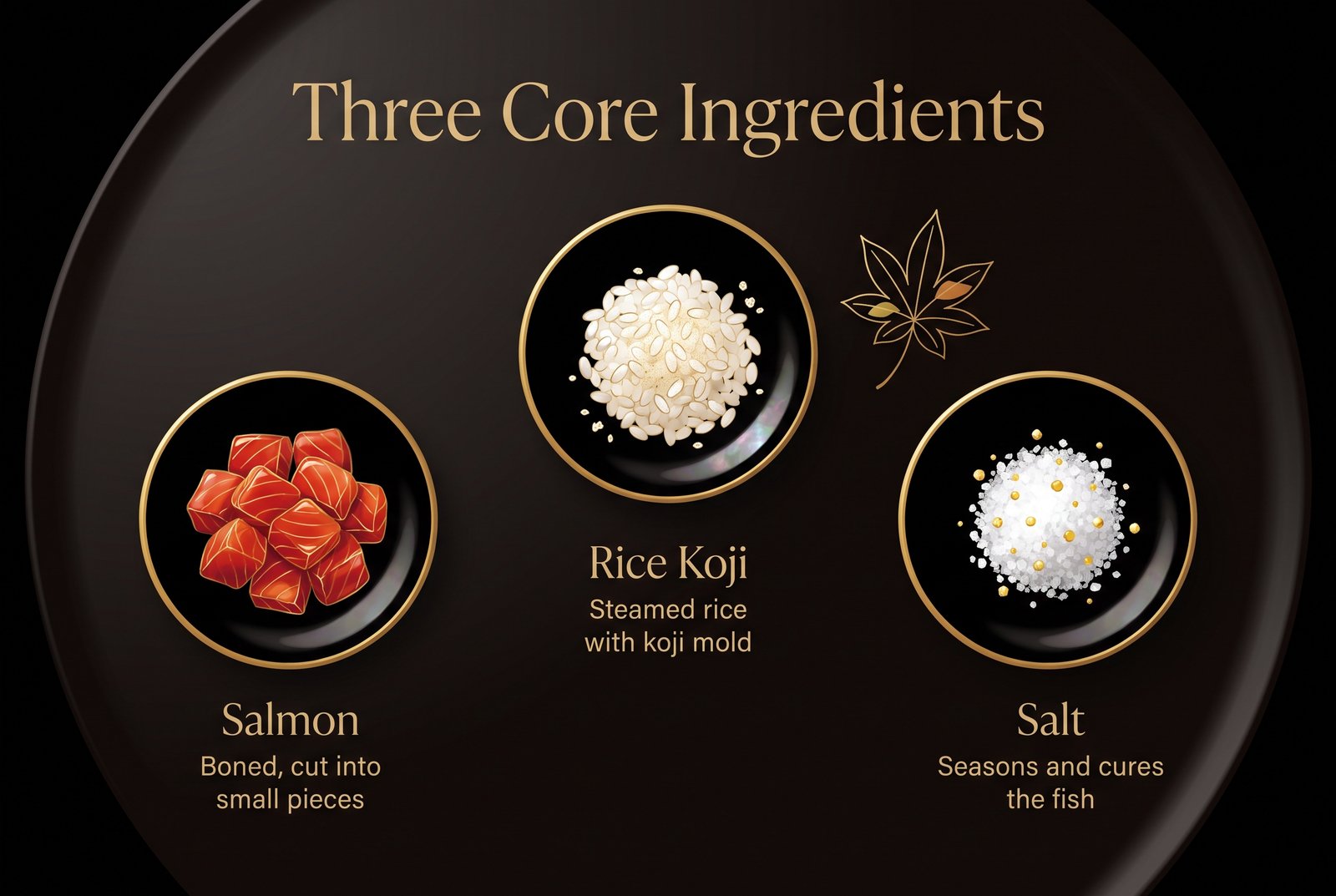 The three core ingredients of kōyō-zuke: salmon, rice koji and salt, in black lacquer dishes