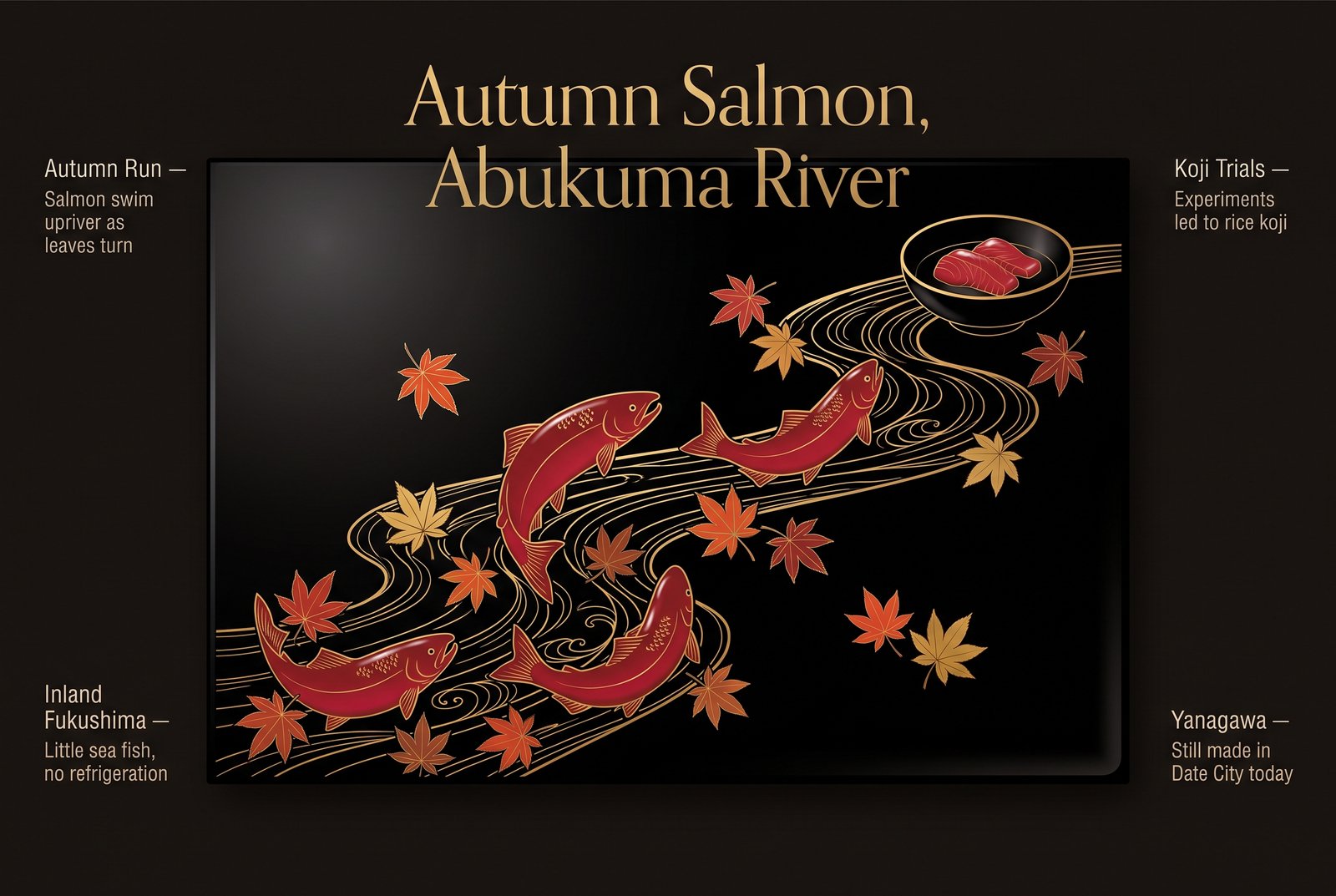 Autumn salmon swimming up the Abukuma River among maple leaves, with a dish of salmon at the end, in black lacquer maki-e style