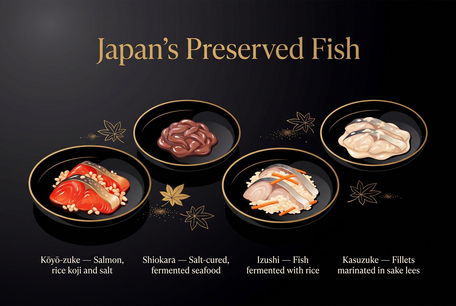 Four black lacquer dishes of Japanese preserved fish: kōyō-zuke, shiokara, izushi and kasuzuke