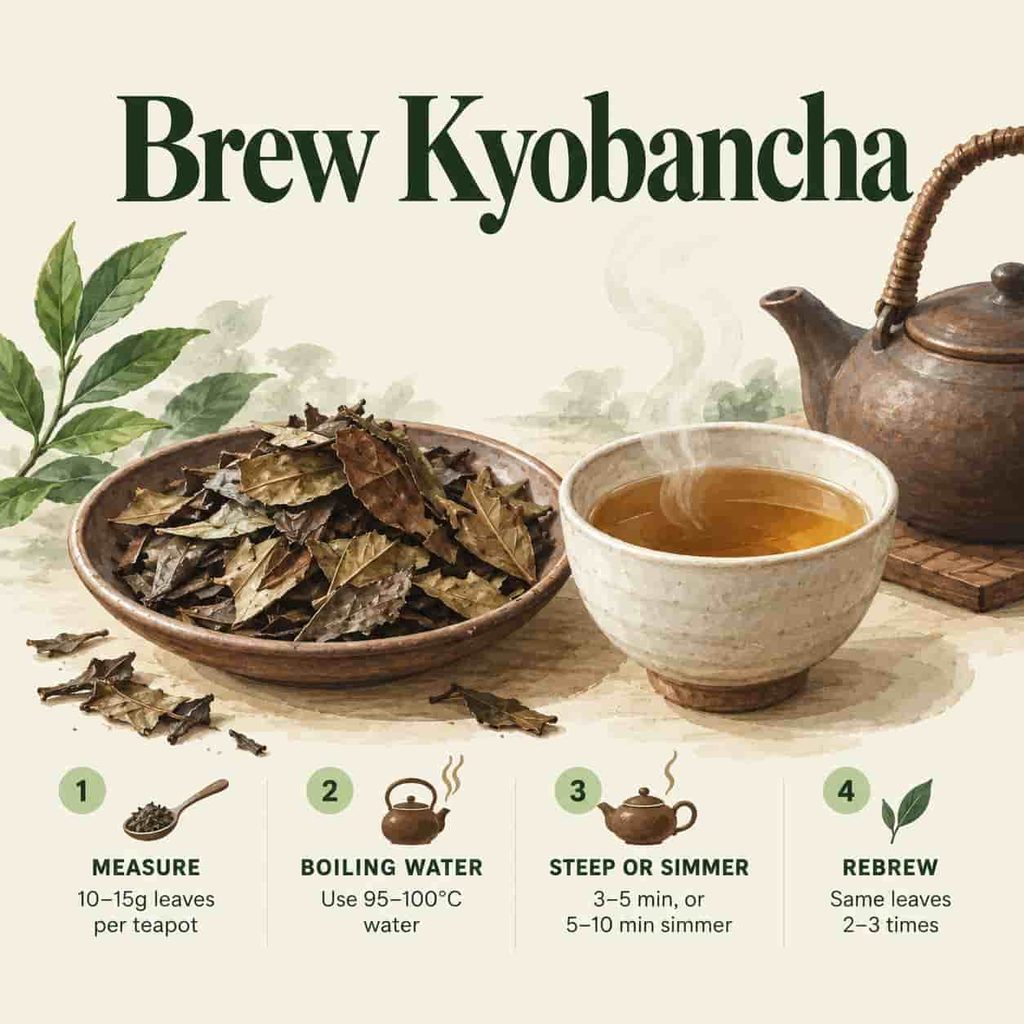 Steps for brewing Kyobancha: measuring the leaves, pouring hot water, and steeping in a pot