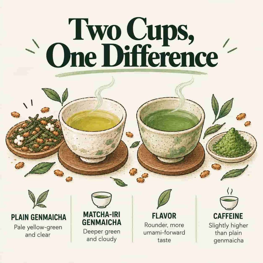 Two cups side by side: plain genmaicha's pale, clear yellow-green liquor next to matcha-iri genmaicha's deeper, cloudier green.