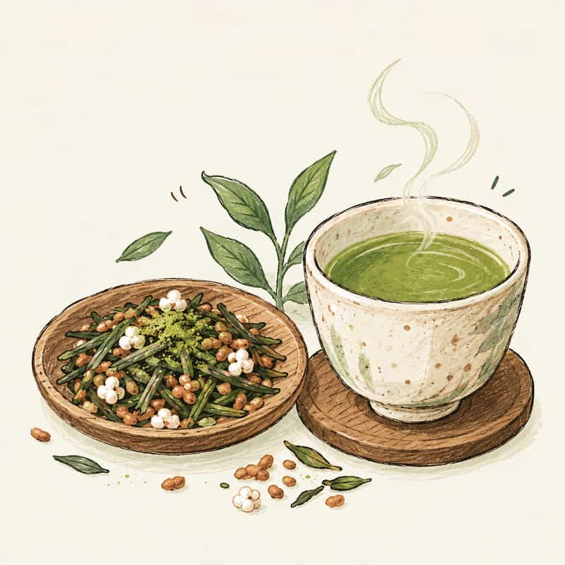 A close shot of matcha-iri genmaicha's deep green, slightly cloudy cup next to a small dish of the dry blend, showing tea leaves, roasted rice, and green matcha powder.