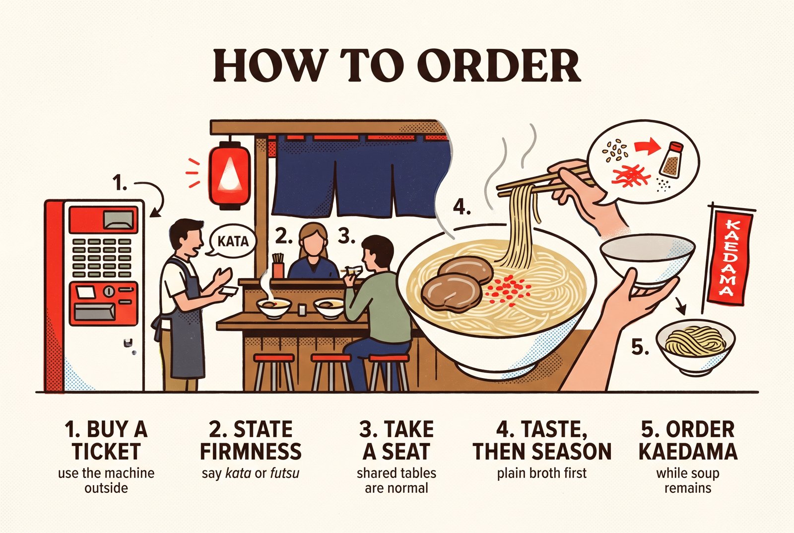 Schéma de style typographique en cinq étapes pour commander du ramen de Nagahama