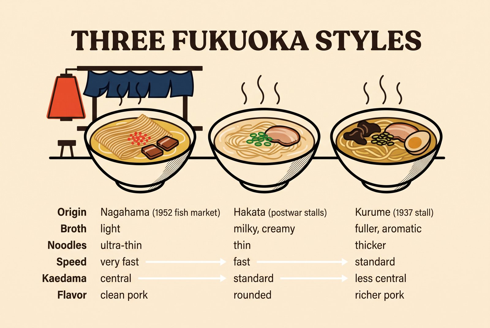 Comparaison de style typographique du ramen de Nagahama, de Hakata et de Kurume selon l'origine, le bouillon, les nouilles, la vitesse, le kaedama et la saveur