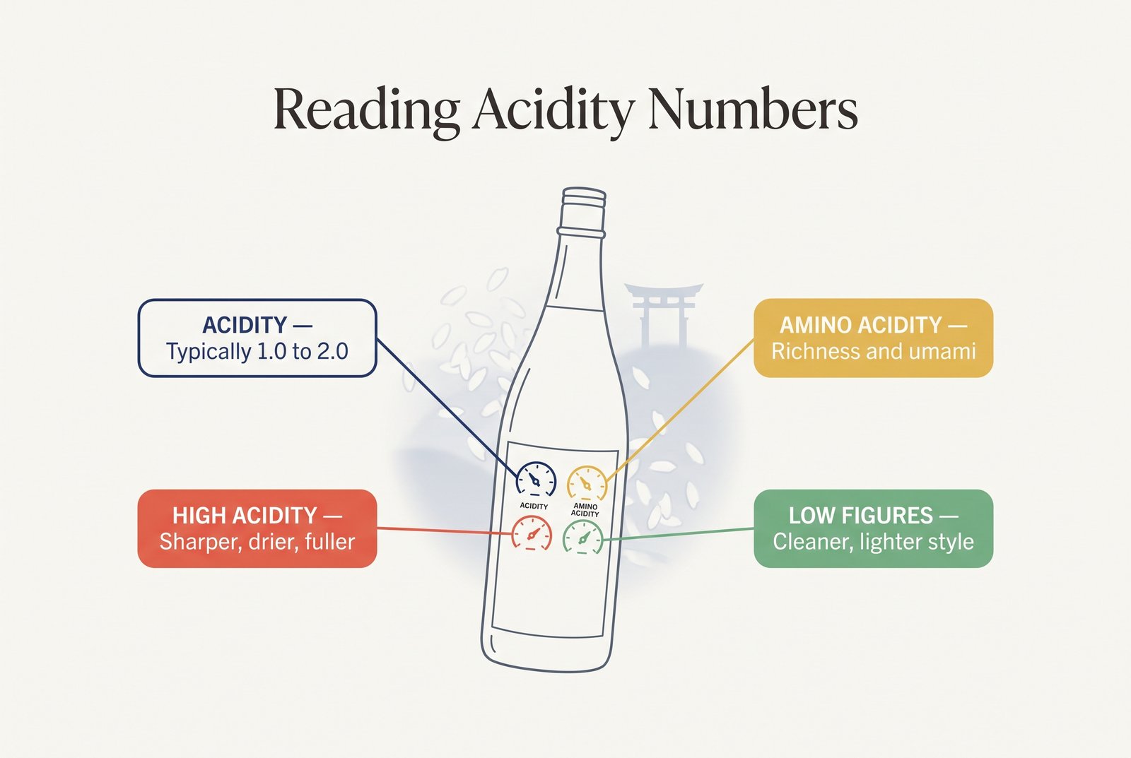 Schéma annoté d'une bouteille de saké montrant comment lire les chiffres d'acidité et d'acidité en acides aminés