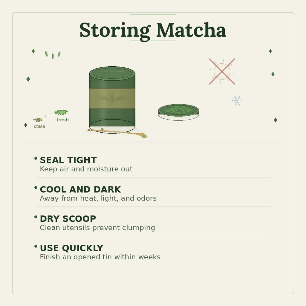 Storing matcha for usucha: seal the tin tightly, keep it cool and dark, and use a dry scoop