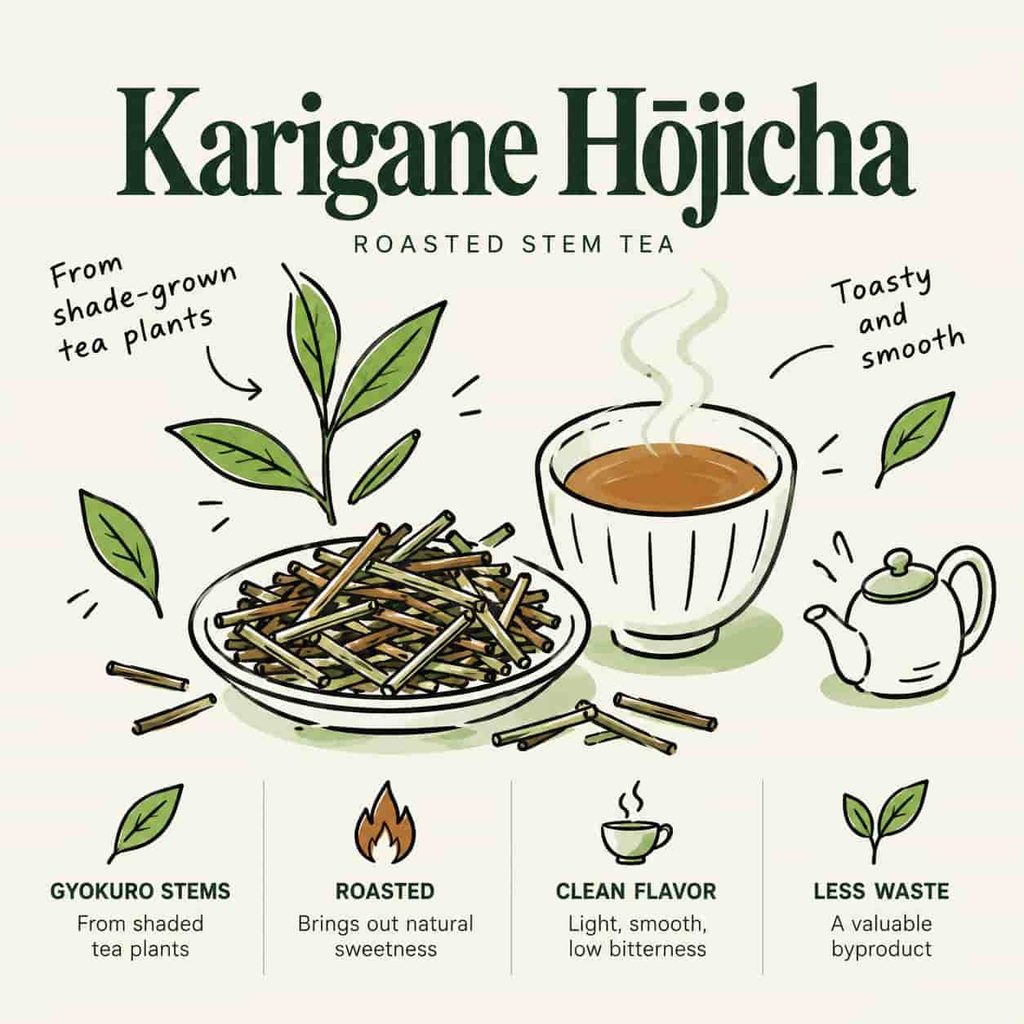 An infographic showing karigane hojicha, a roasted stem tea made from gyokuro stems, with loose tea stems, a cup of roasted tea, and a teapot.