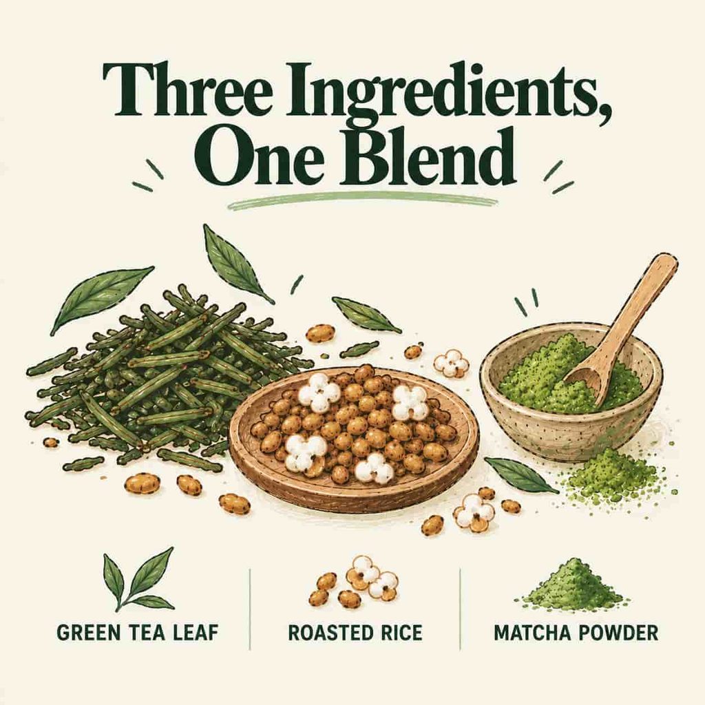 The three ingredients that make up matcha-iri genmaicha, laid out separately and labeled: whole green tea leaves, roasted rice grains, and a small mound of matcha powder, before they're blended together.