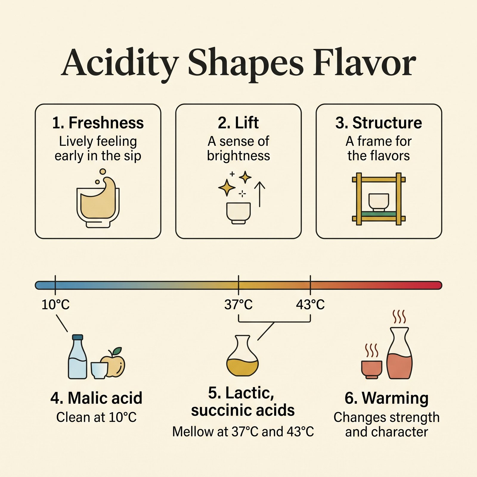 Illustration of sake acidity: freshness, lift and structure, and how malic, lactic and succinic acids change with temperature