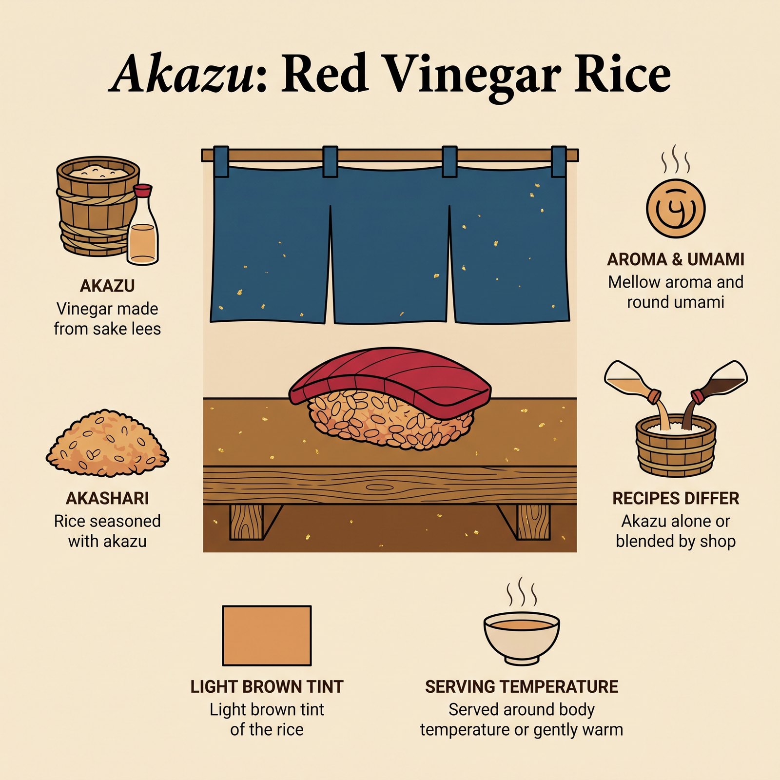 Illustration von Sushi-Reis mit rotem Akazu-Essig sowie seinem Geschmack, seiner Farbe und seiner Serviertemperatur