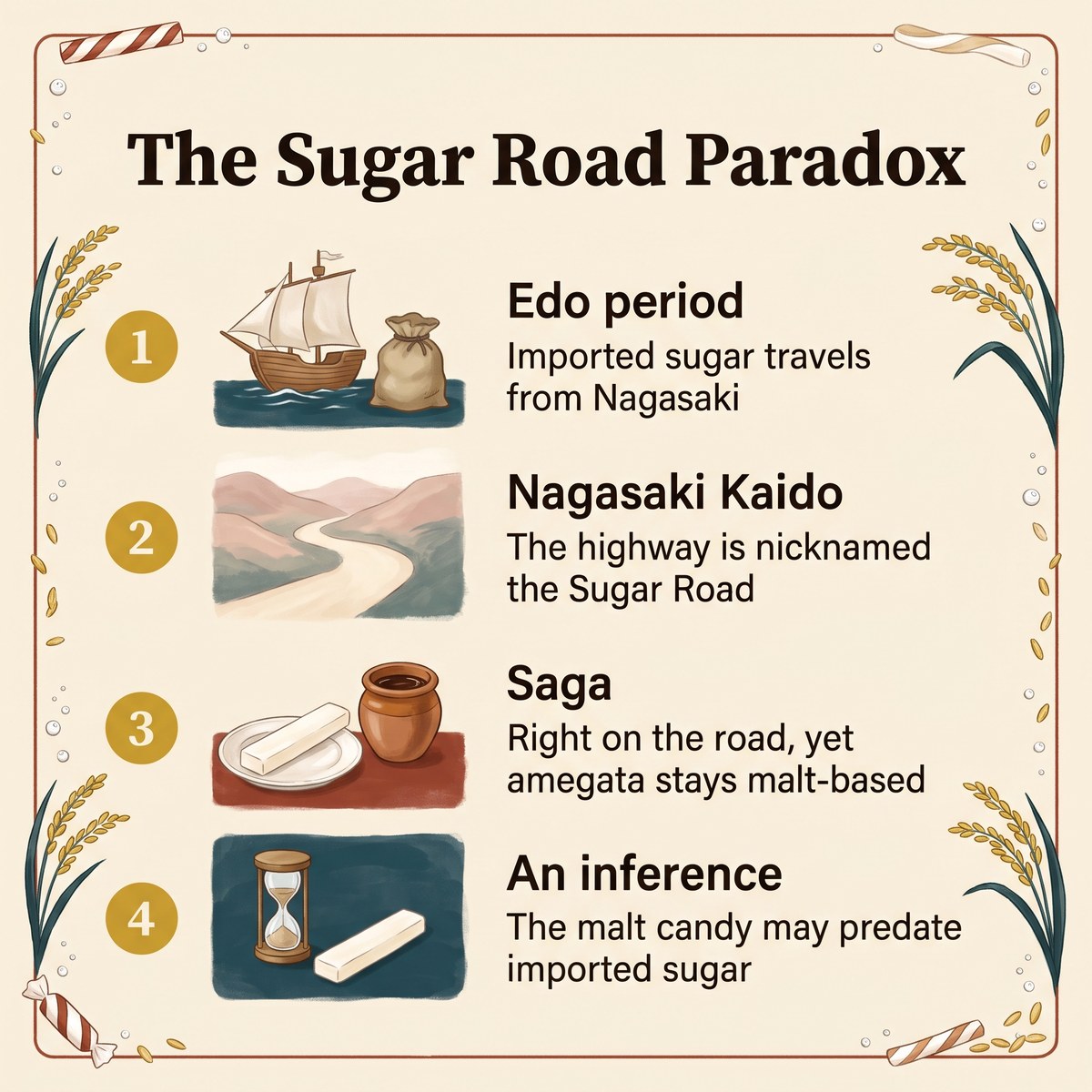 Illustrated four-step list of the Sugar Road paradox: Edo-period sugar from Nagasaki, the Nagasaki Kaido, Saga and a possible older malt candy tradition