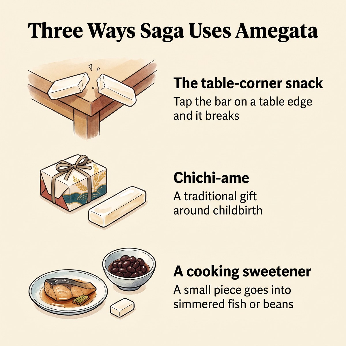 Illustrated list of three ways Saga uses amegata: a table-corner snack, a chichi-ame childbirth gift and a cooking sweetener