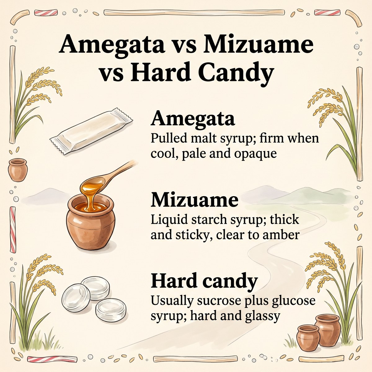 Illustrated comparison of amegata, mizuame and hard candy by base ingredient, texture and look