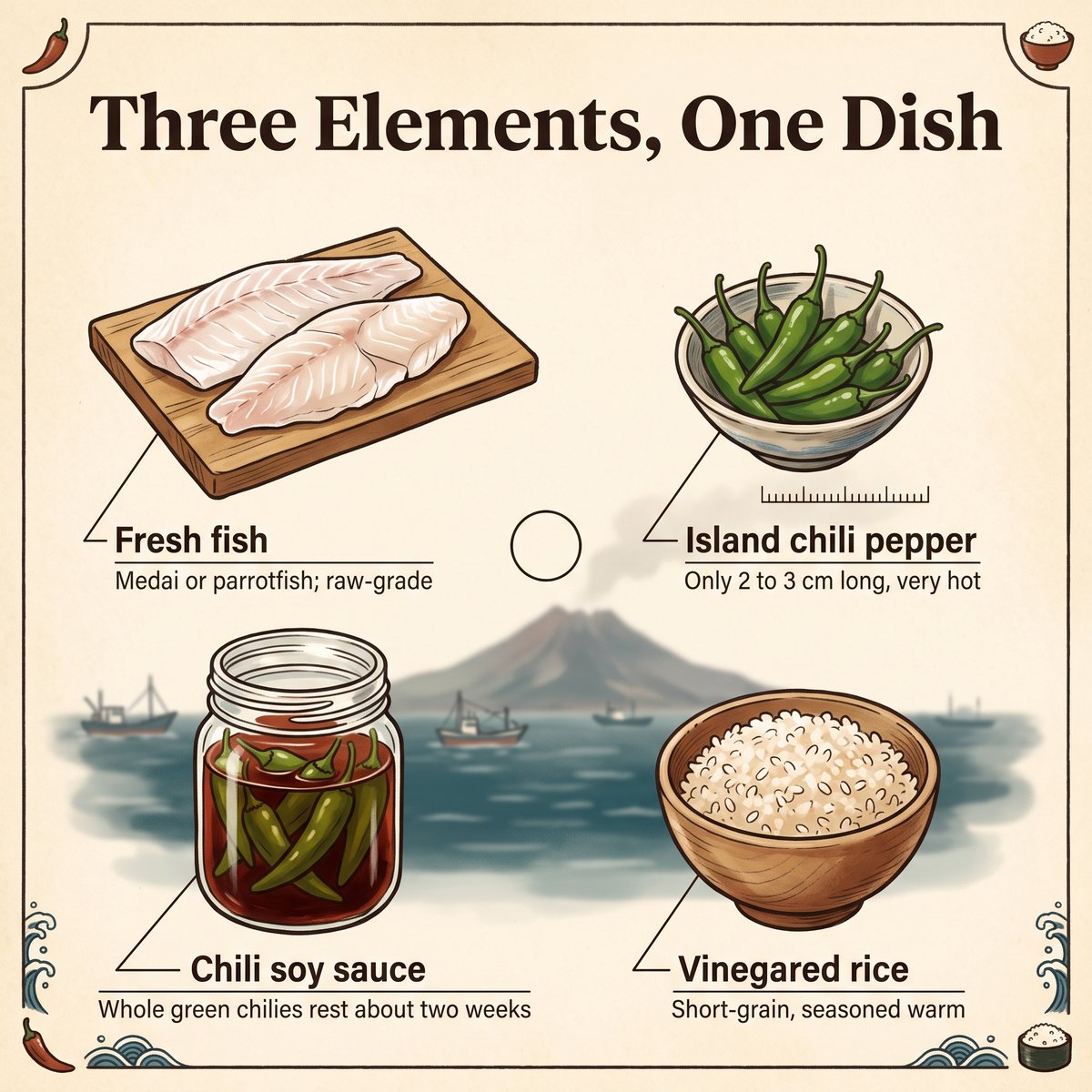 Hình minh họa ba yếu tố của bekko sushi: cá tươi, ớt đảo, nước tương ớt và cơm trộn giấm