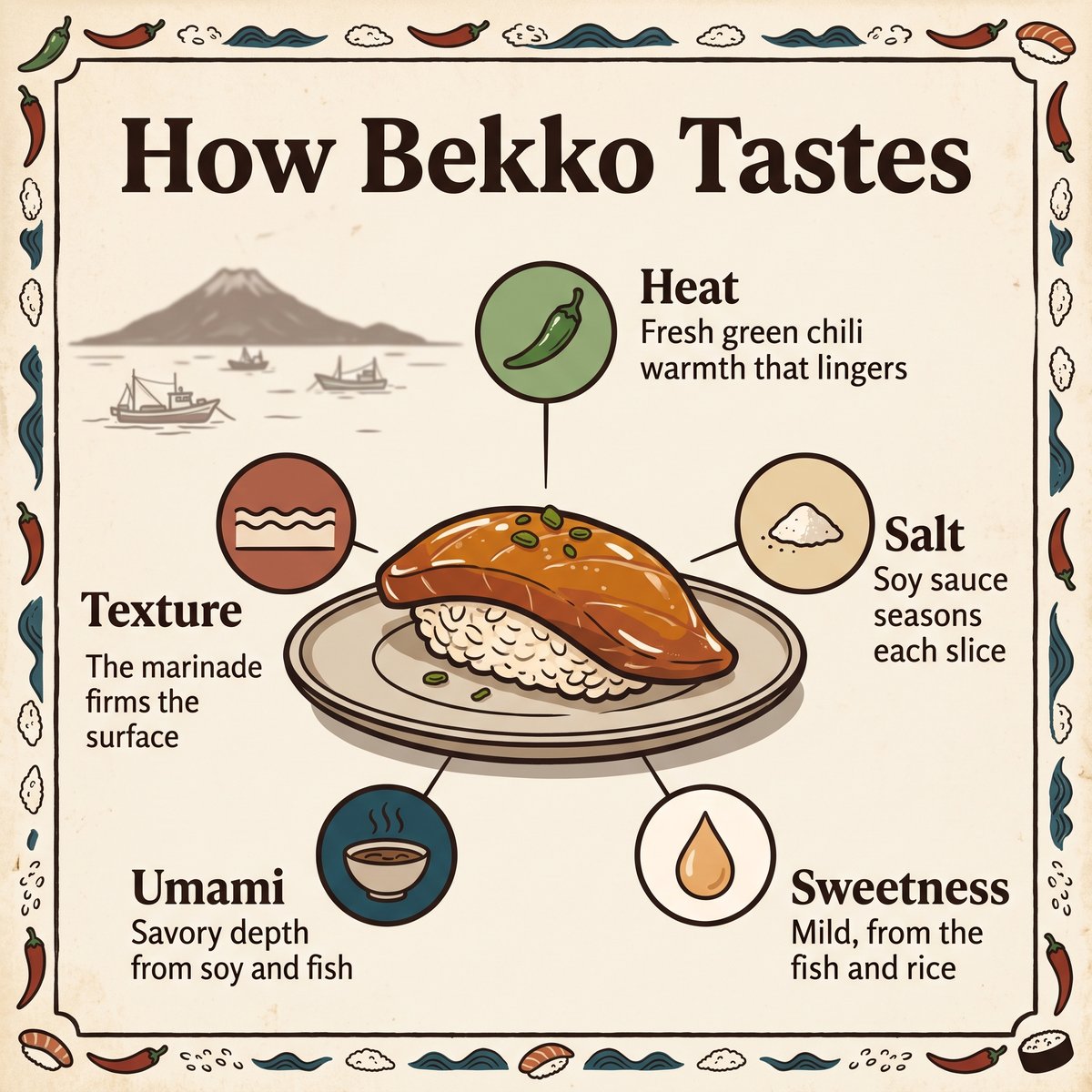 Hình minh họa vị của bekko sushi: vị cay, mặn, ngọt, umami và kết cấu
