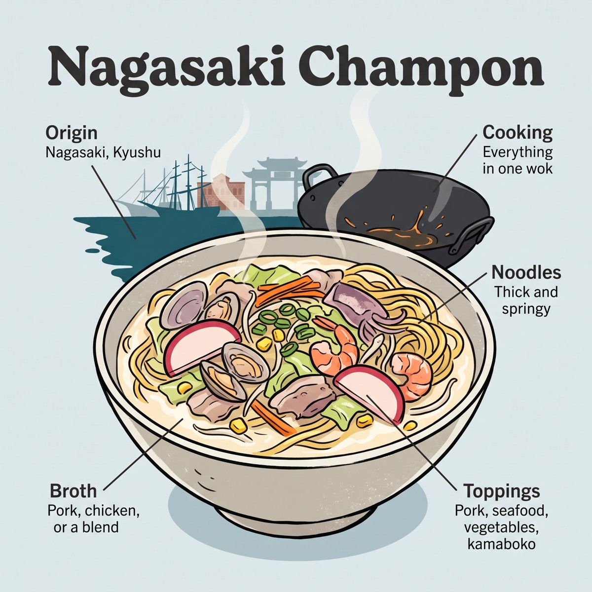 Fiche du champon de Nagasaki : origine, cuisson au wok unique, nouilles, bouillon et garnitures