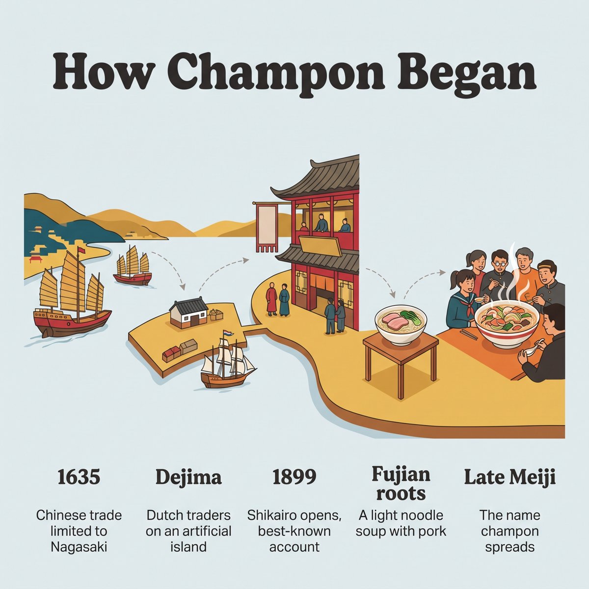 Chronologie des débuts du champon, du commerce de 1635 à 1899 et à la fin de l'ère Meiji