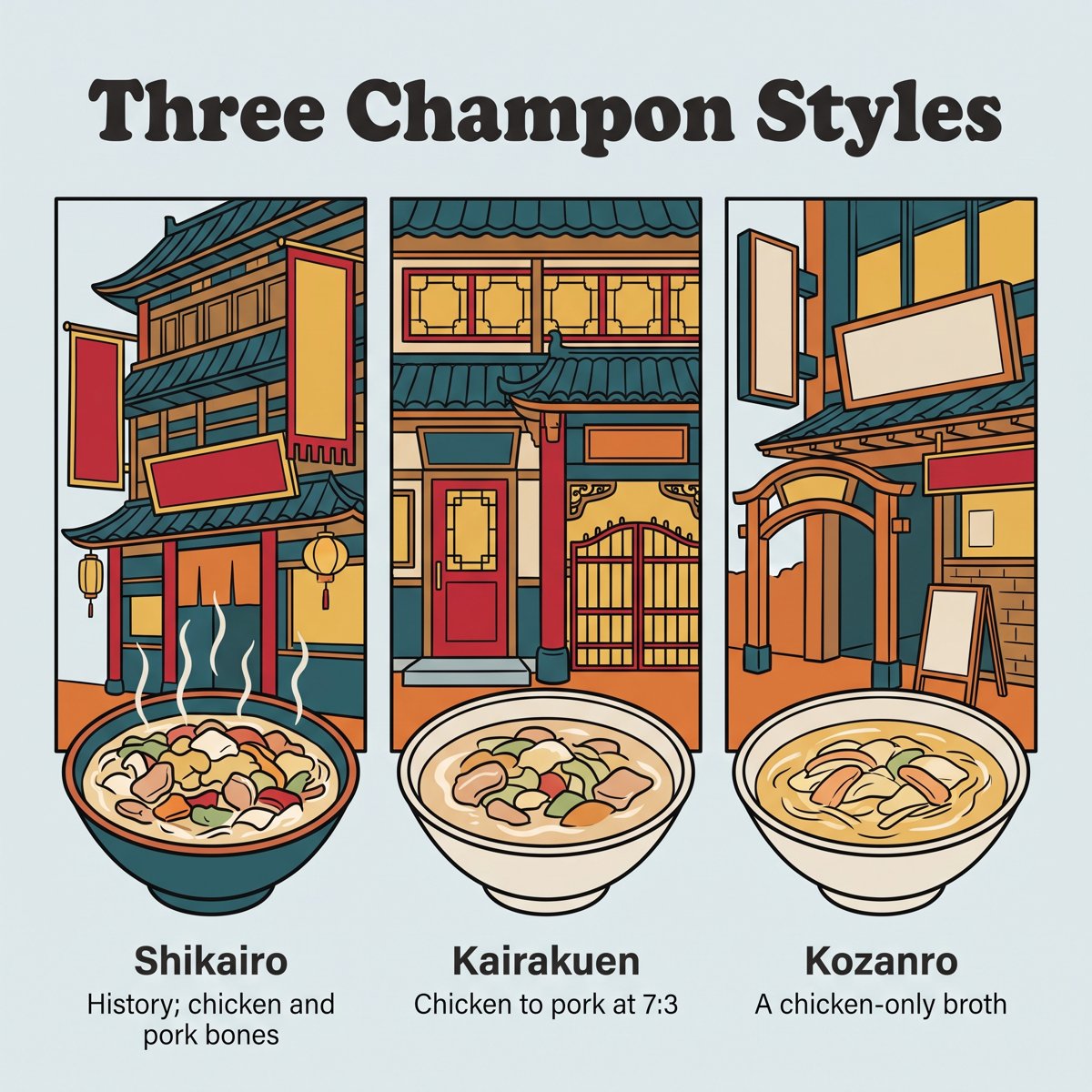 Trois restaurants de champon de Nagasaki aux bouillons différents