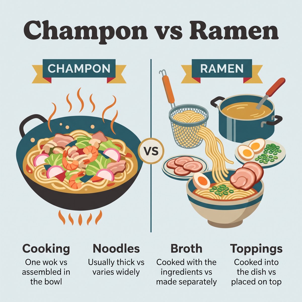 Comparaison du champon et du ramen : cuisson, nouilles, bouillon et garnitures