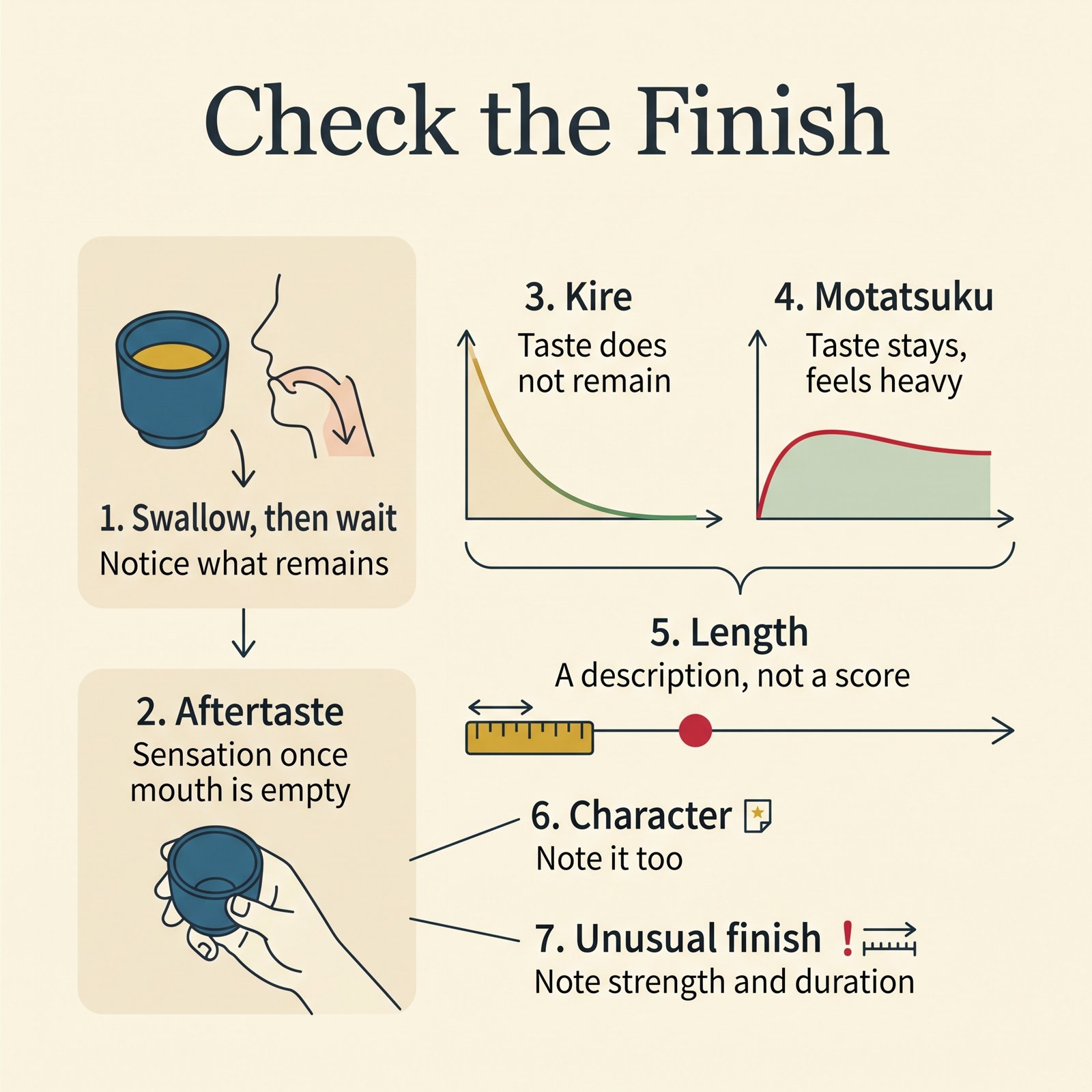 Illustration of the sake finish: swallow and wait, aftertaste, kire versus motatsuku, length and character