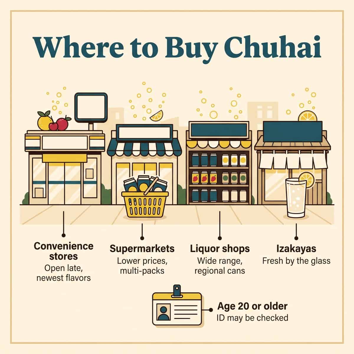 Illustration des lieux où acheter du chuhai au Japon : supérettes, supermarchés, magasins de spiritueux et izakayas, avec un contrôle de l'âge des acheteurs