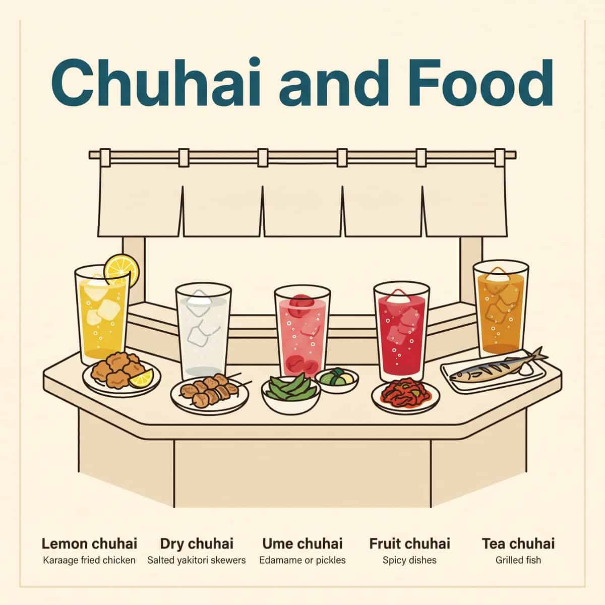 Illustration de cinq types de chuhai associés au karaage, au yakitori, à l'edamame, aux plats épicés et au poisson grillé au comptoir d'un izakaya