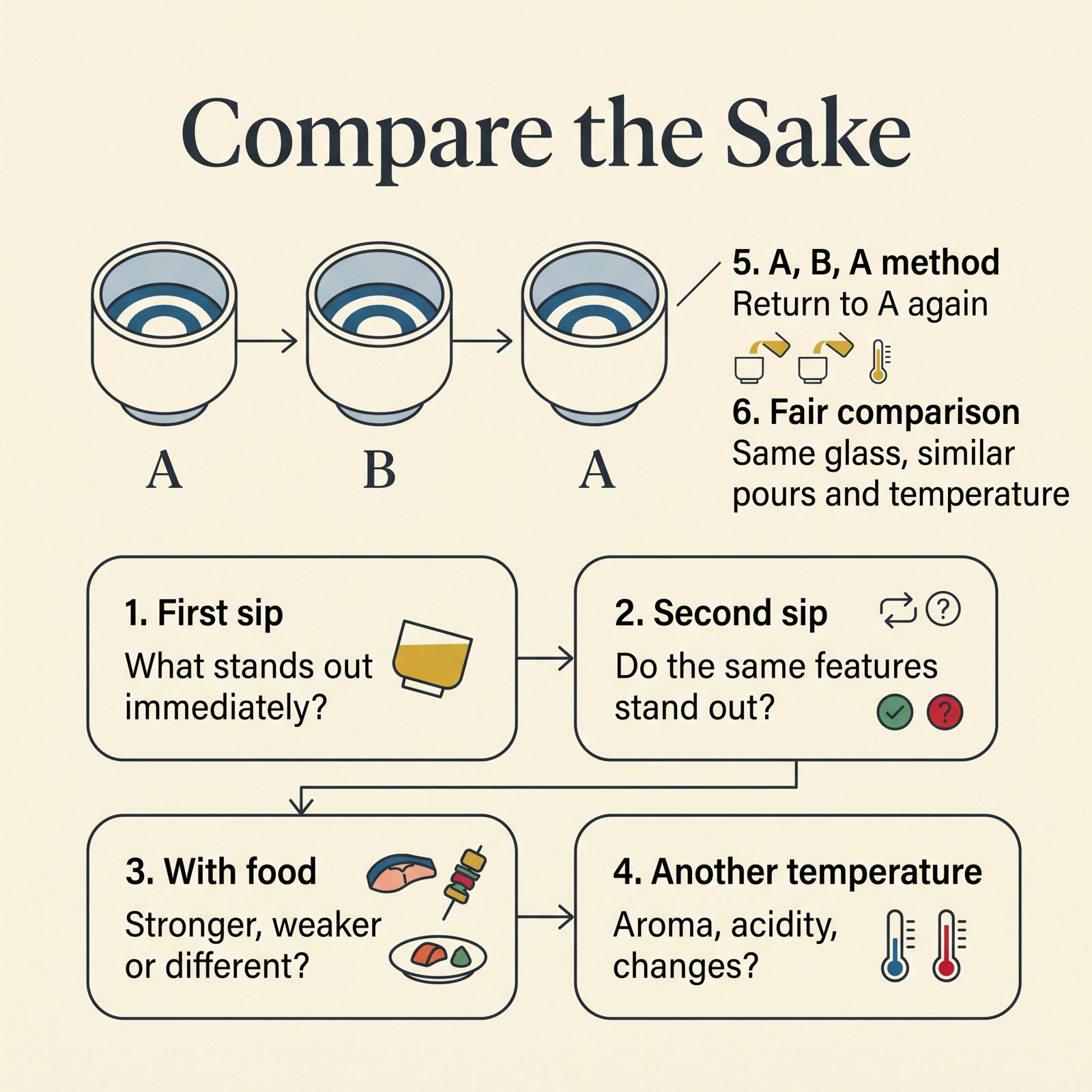 Illustration of comparing sake: the A, B, A method and four moments of tasting one sake