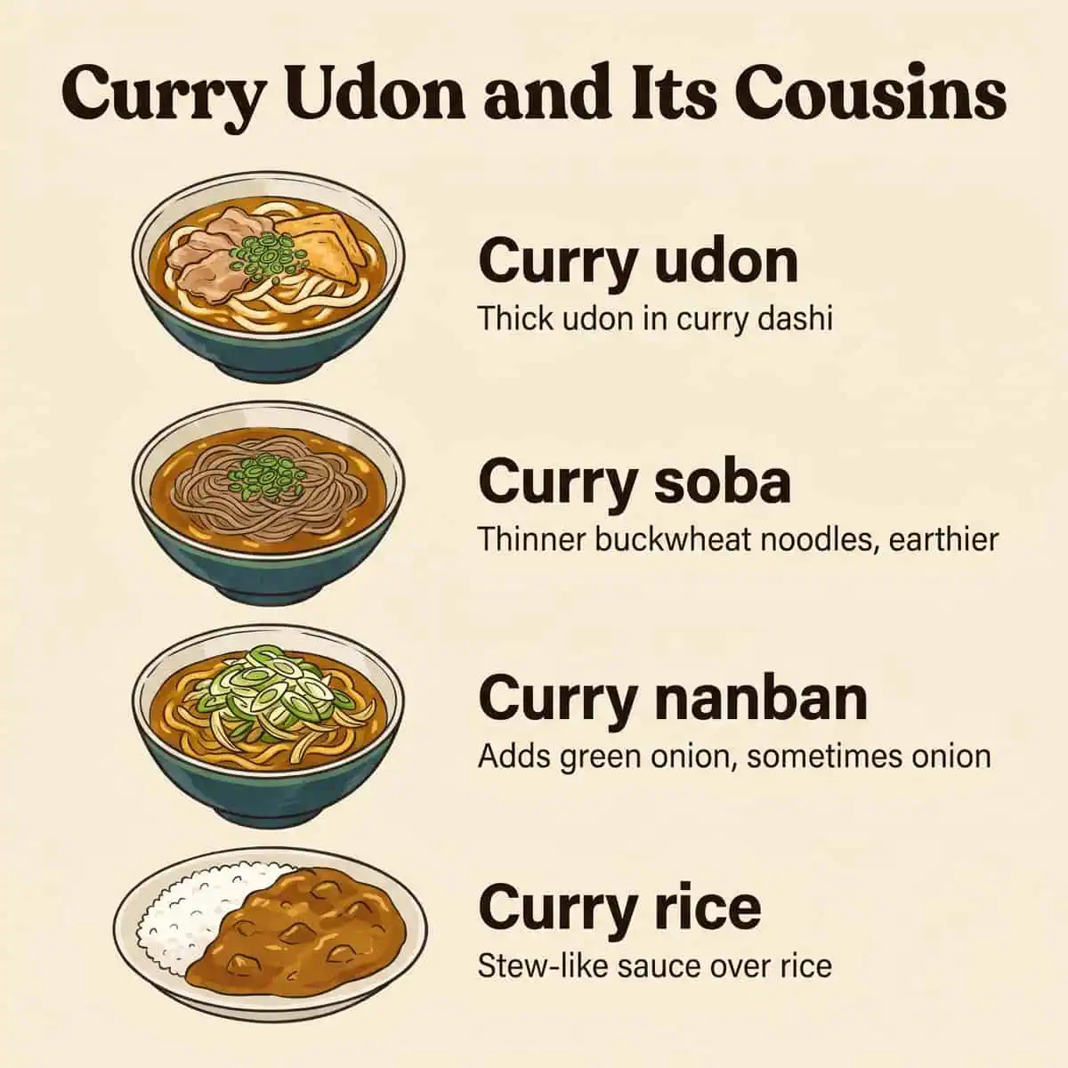 圖解咖哩烏龍麵、咖哩蕎麥麵、咖哩南蠻與咖哩飯的比較