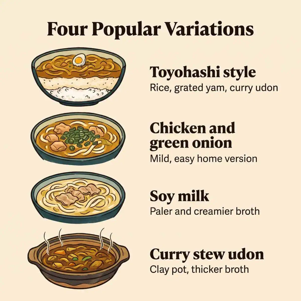 圖解四款人氣咖哩烏龍麵變化:豐橋風、雞肉與青蔥、豆漿與咖哩燉煮烏龍麵
