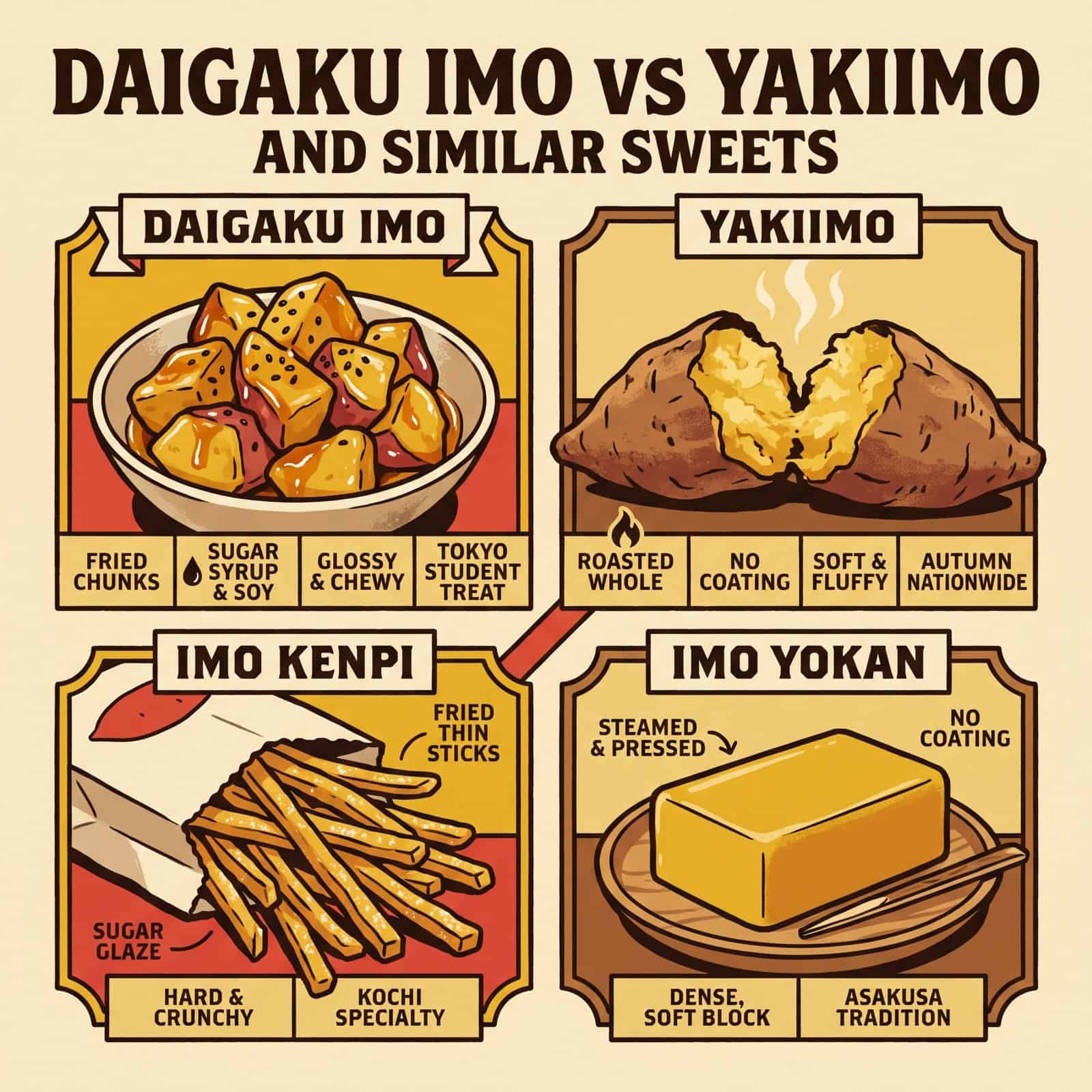 Comparaison du Daigaku Imo, du yakiimo, de l’imo kenpi et de l’imo yokan selon la méthode, l’enrobage, la texture et l’association