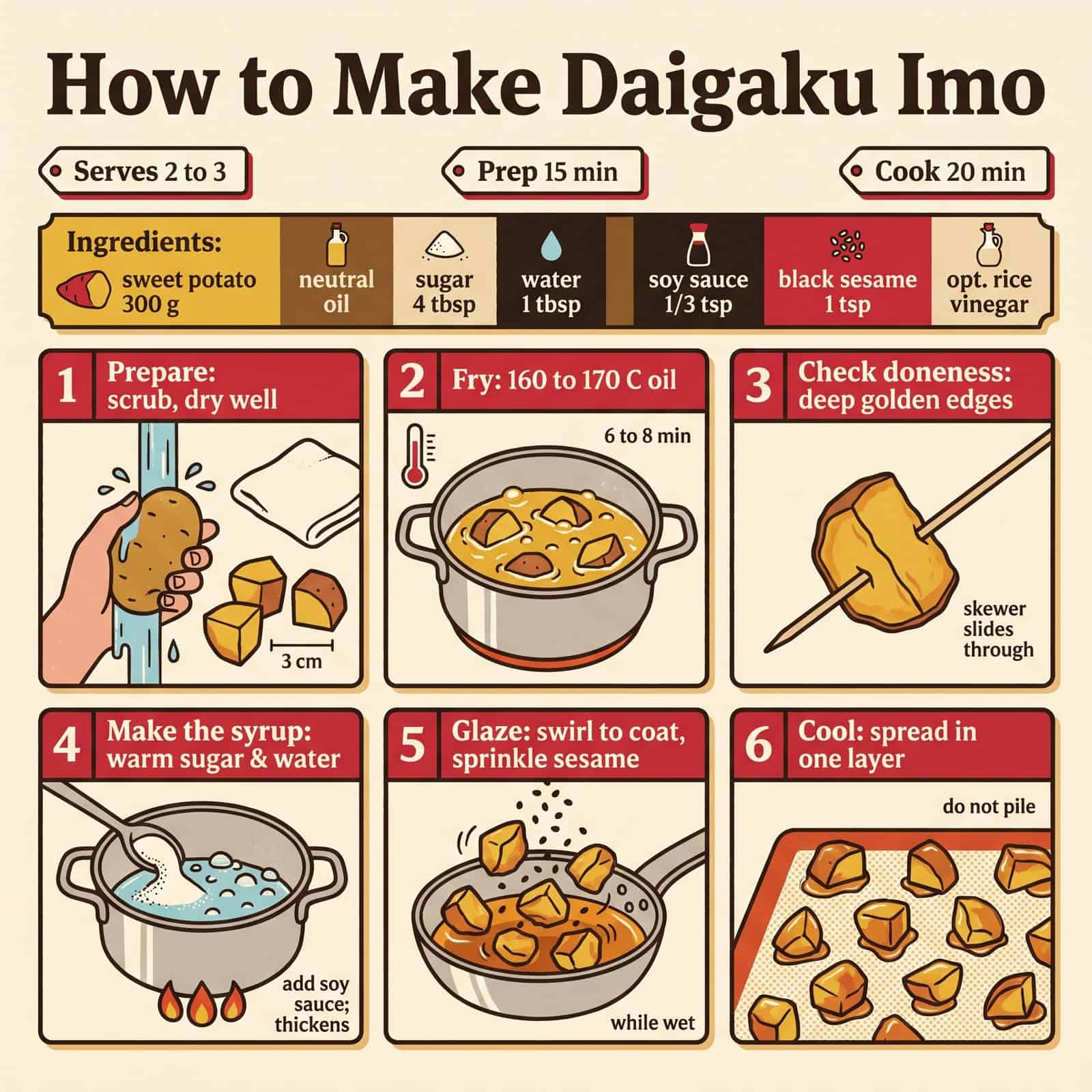 Recette illustrée pas à pas du Daigaku Imo avec les ingrédients et six étapes