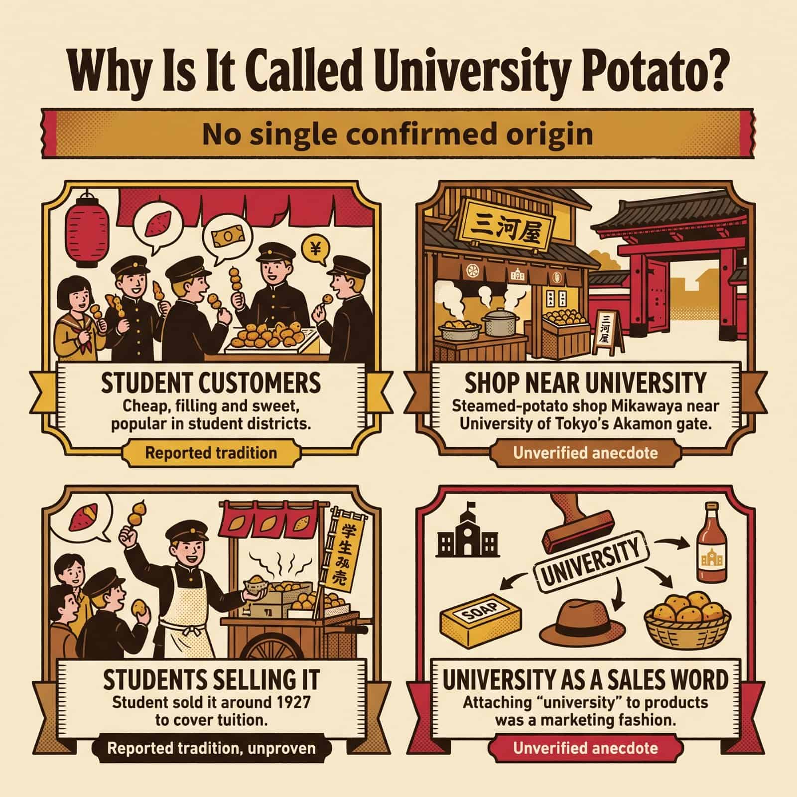 Panneaux illustrés des principales théories sur l’origine du nom Daigaku Imo (patate universitaire)
