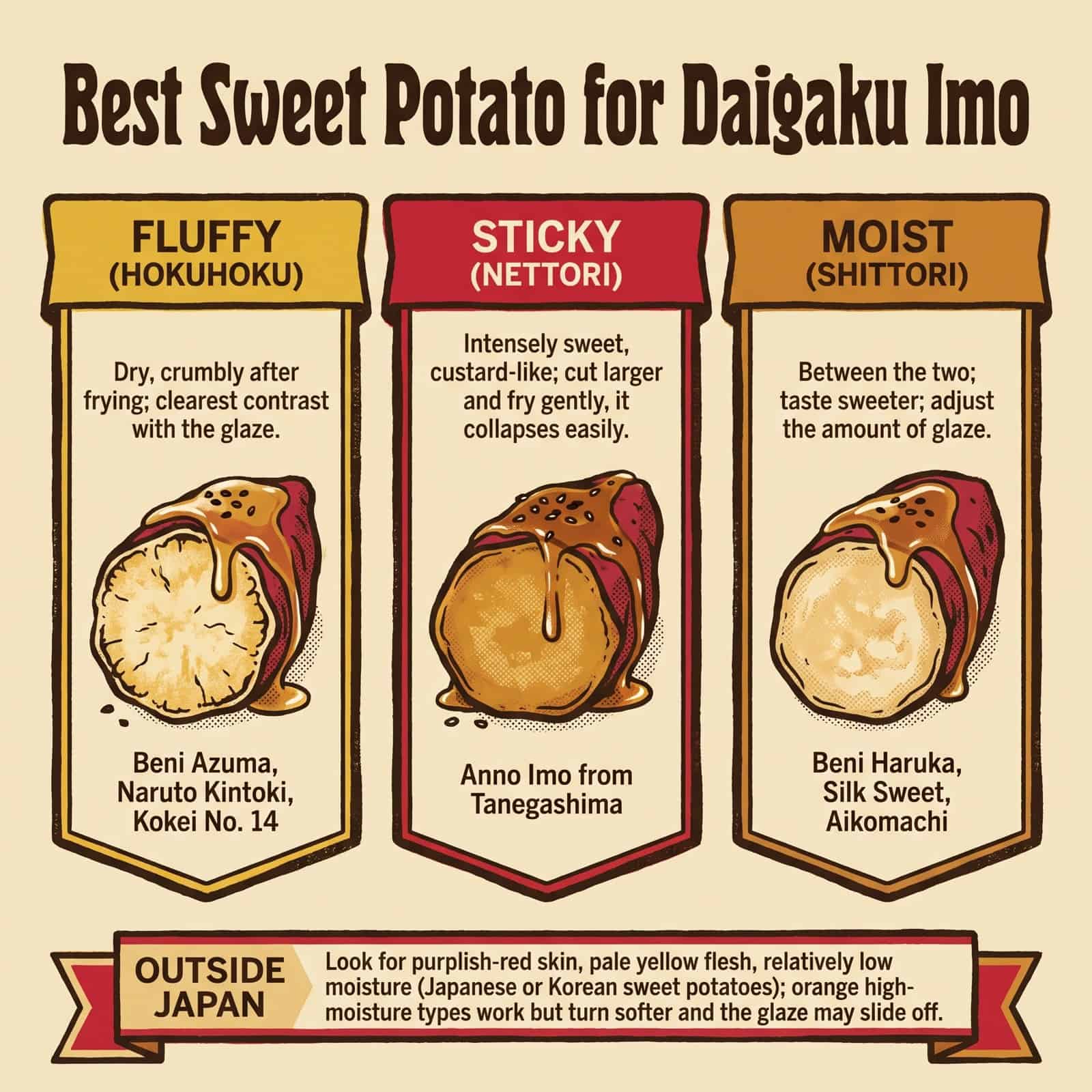 Comparaison illustrée de variétés de patate douce adaptées au Daigaku Imo et de leur texture