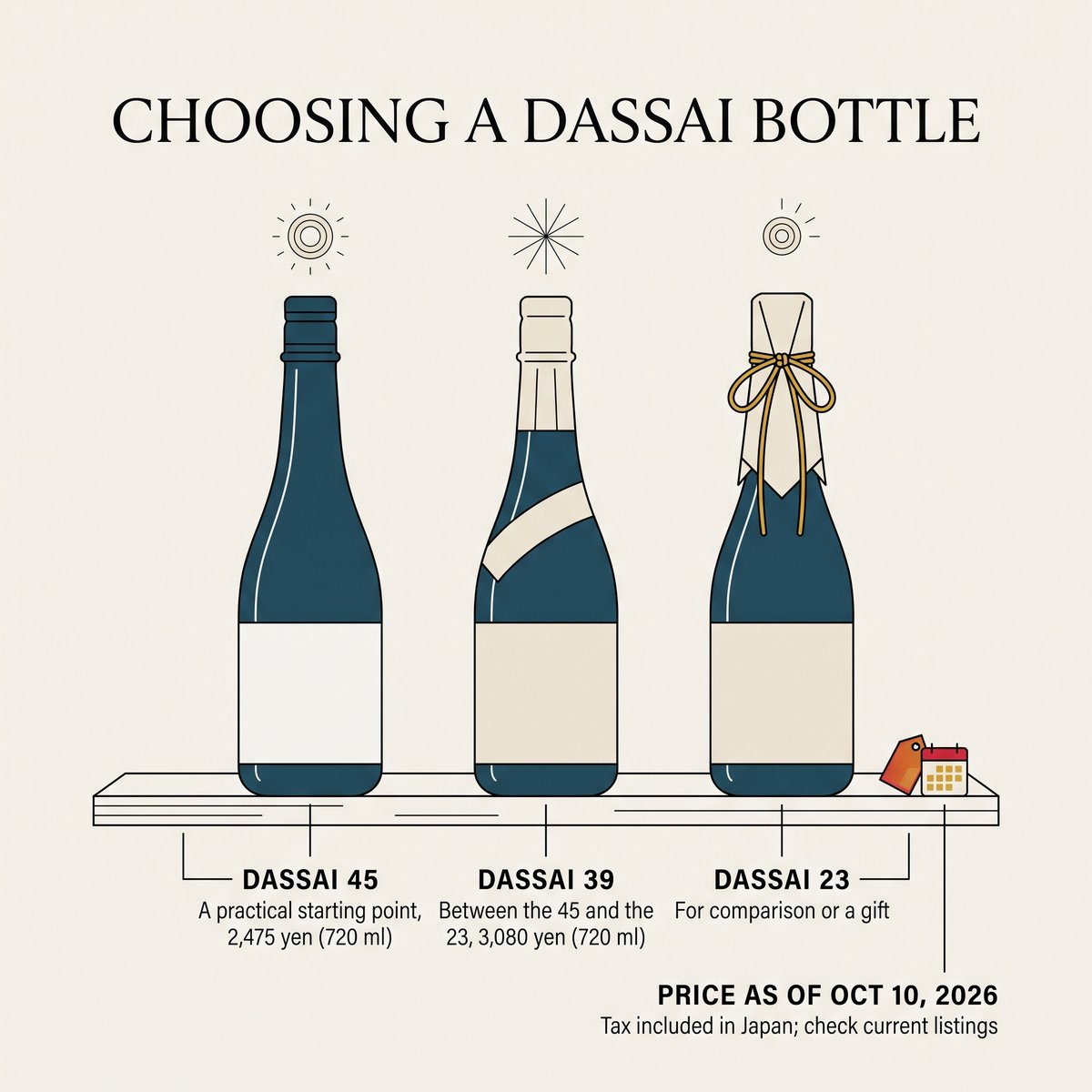 Illustration of choosing a Dassai bottle: Dassai 45, 39 and 23 with 720 ml prices as of October 10, 2026