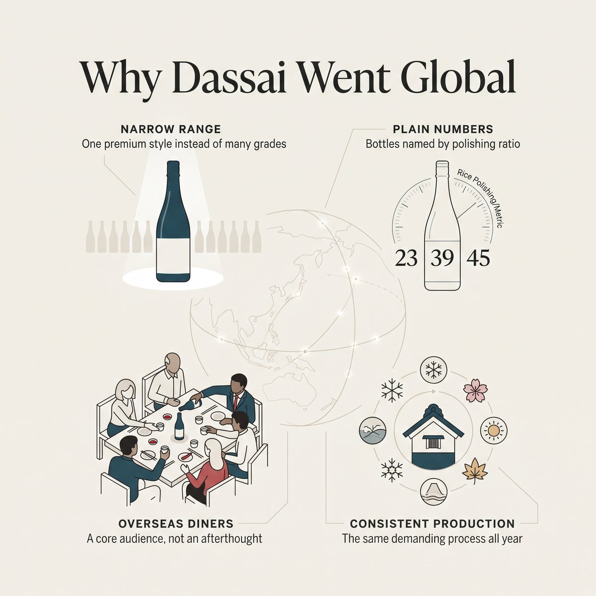 Illustration of why Dassai became a global sake name: a narrow range, plain numbers, overseas diners and consistent production
