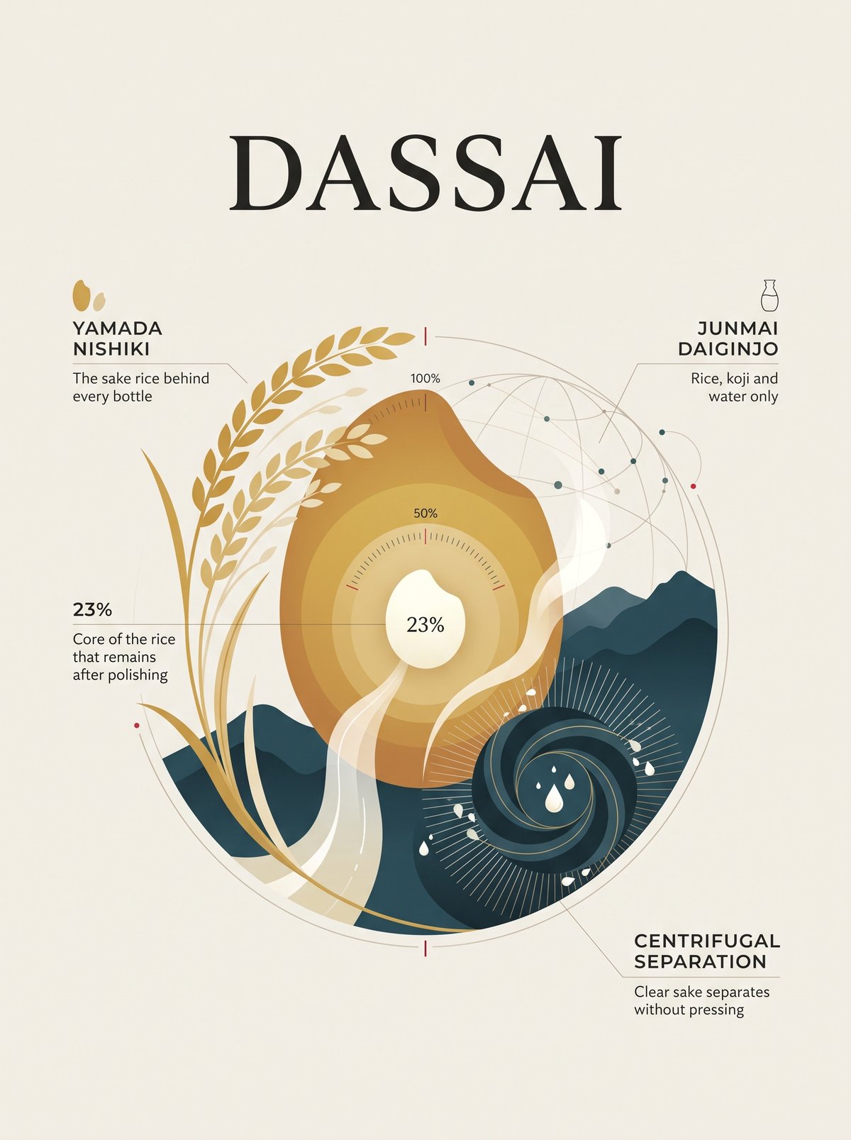 Dassai illustration: a Yamada Nishiki rice grain polished to a 23% core, a centrifugal separator and clear sake over mountains and a globe