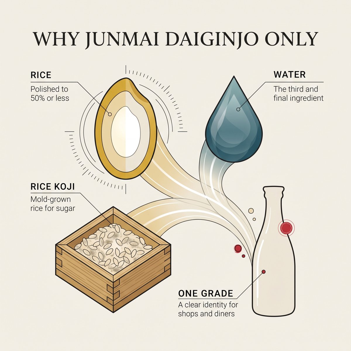 Illustration of why Dassai focuses on Junmai Daiginjo: polished rice, rice koji and water in one grade