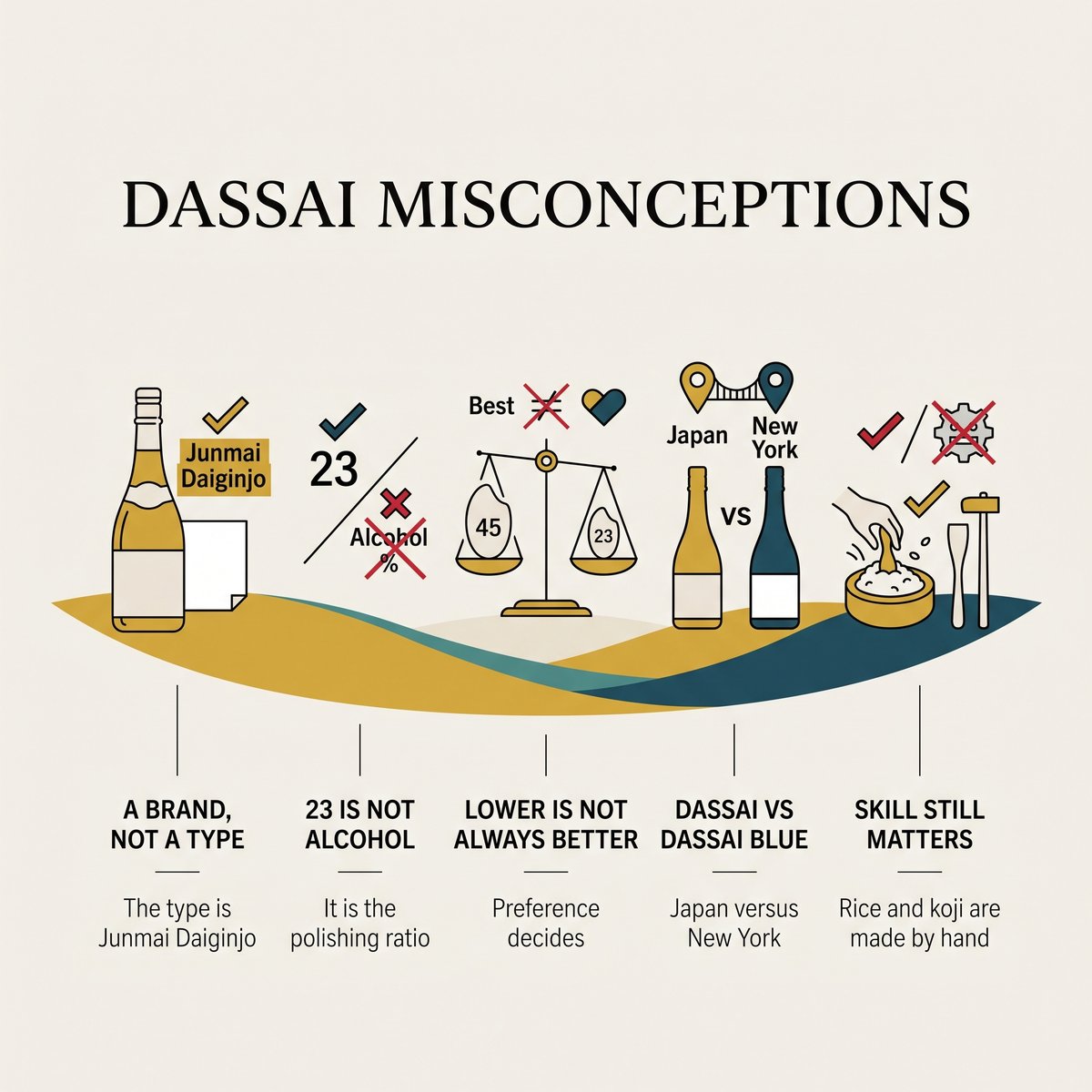 Illustration of five common misconceptions about Dassai sake and their corrections