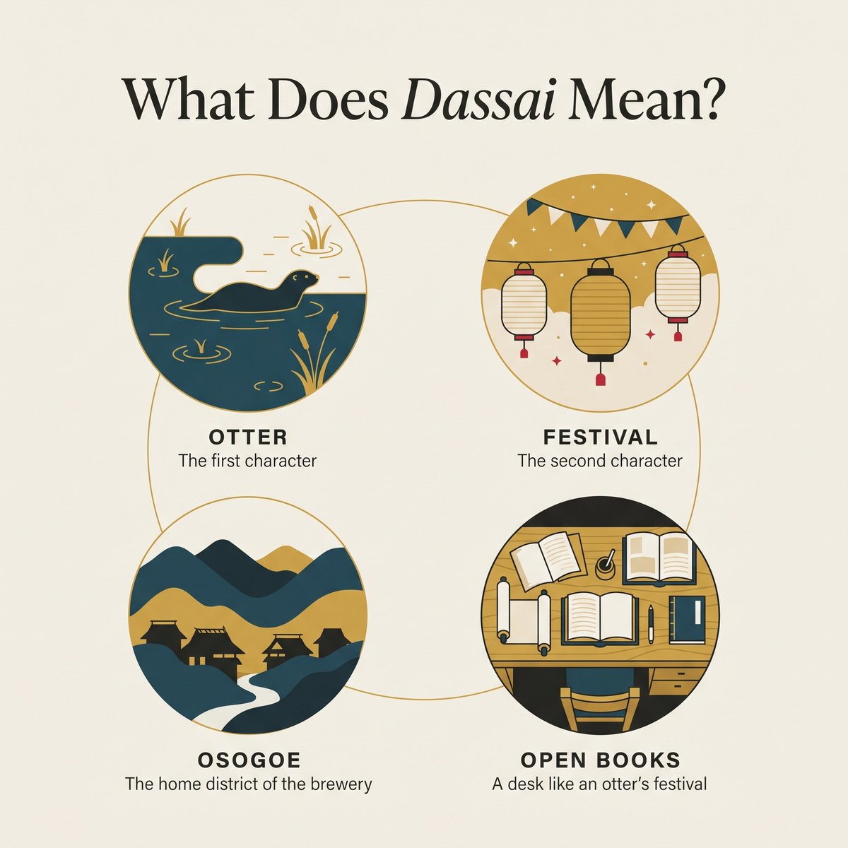 Illustration of the meaning of Dassai: an otter, a festival, the Osogoe district and a desk of open books