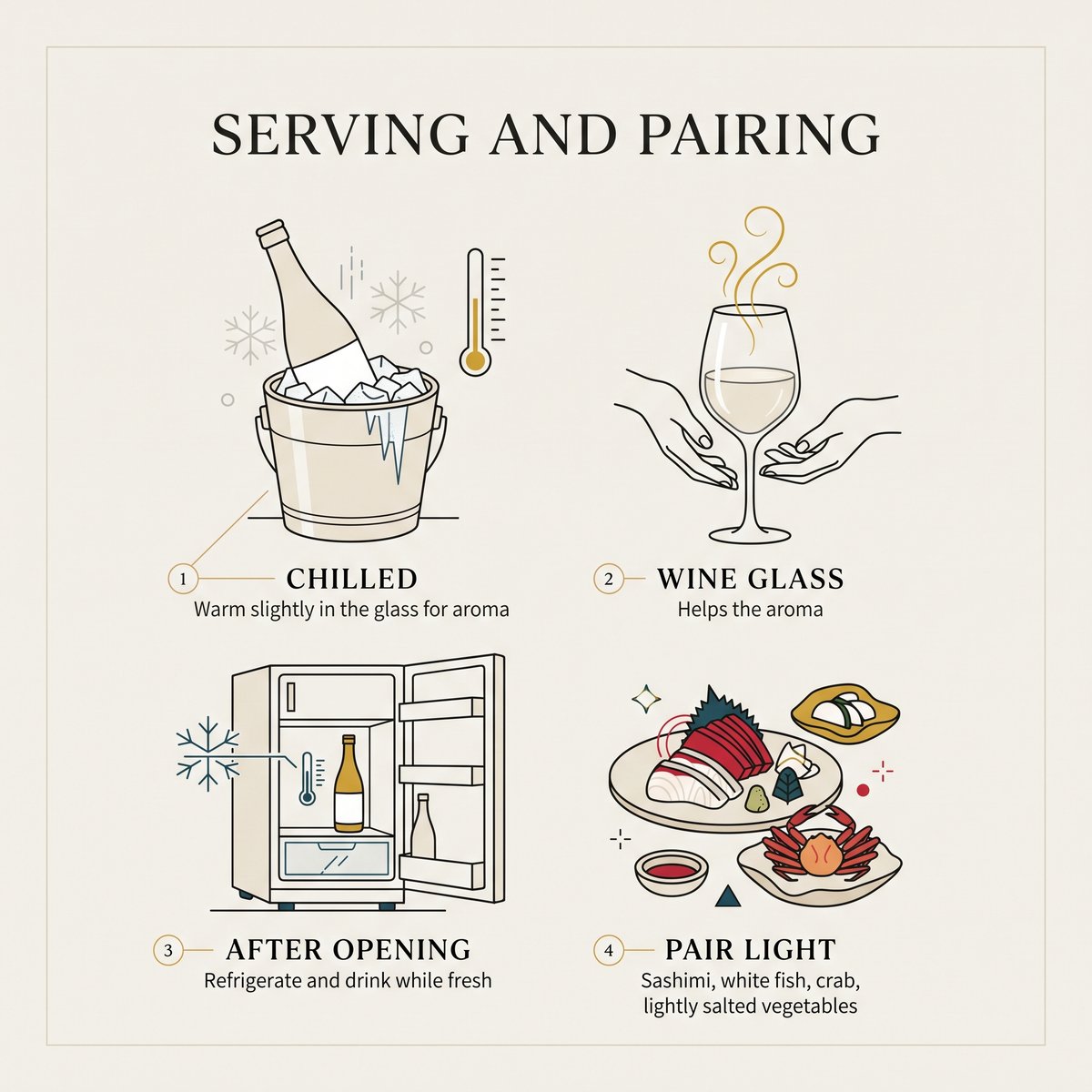 Illustration of serving Dassai chilled in a wine glass, storing it in the fridge and pairing it with light dishes