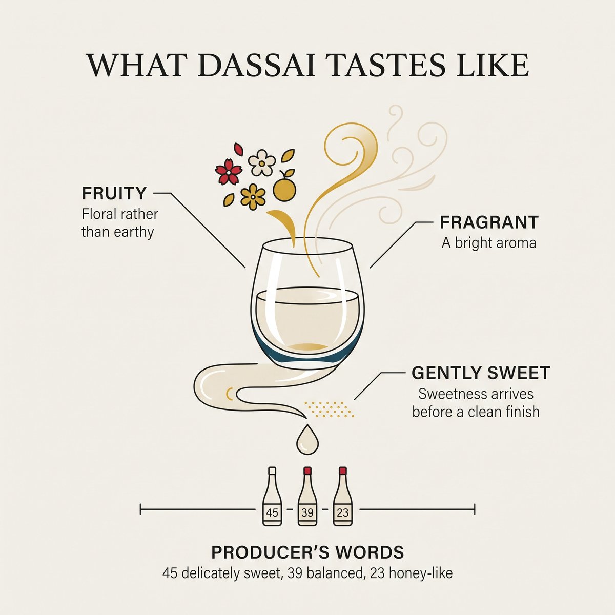 Illustration of what Dassai tastes like: fruity, fragrant, gently sweet and a clean finish