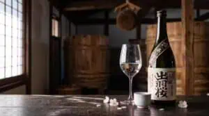 A bottle of Dewazakura junmai daiginjo with a wine glass and a sake cup on a wooden table inside a traditional brewery